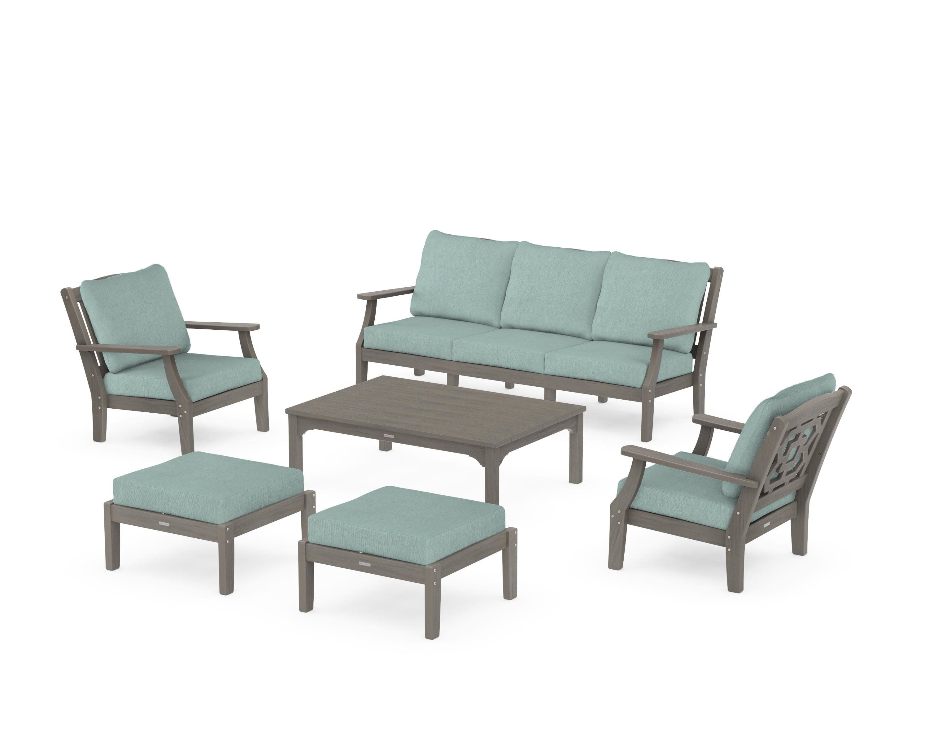 Chinoiserie 6-Piece Lounge Sofa Set in Driftwood / Glacier Spa