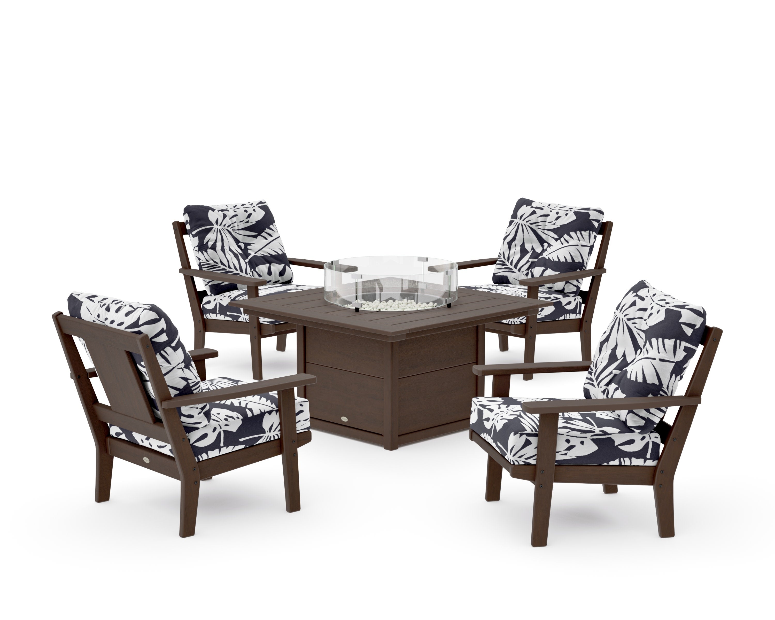 Prairie 5-Piece Deep Seating Set with Fire Pit Table in Kona / Leaf Navy