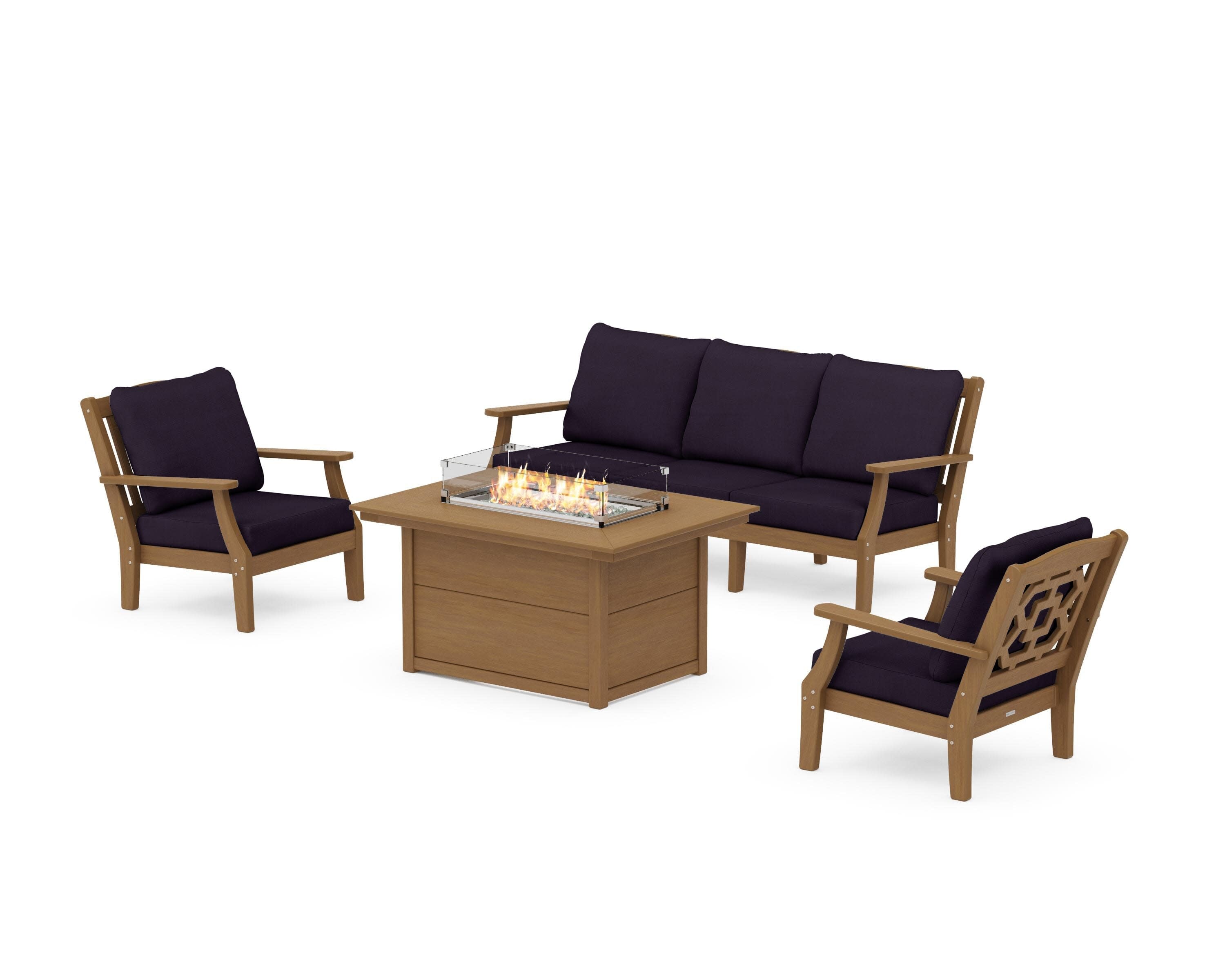 Chinoiserie Deep Seating Fire Pit Table Set in Natural / Navy Linen