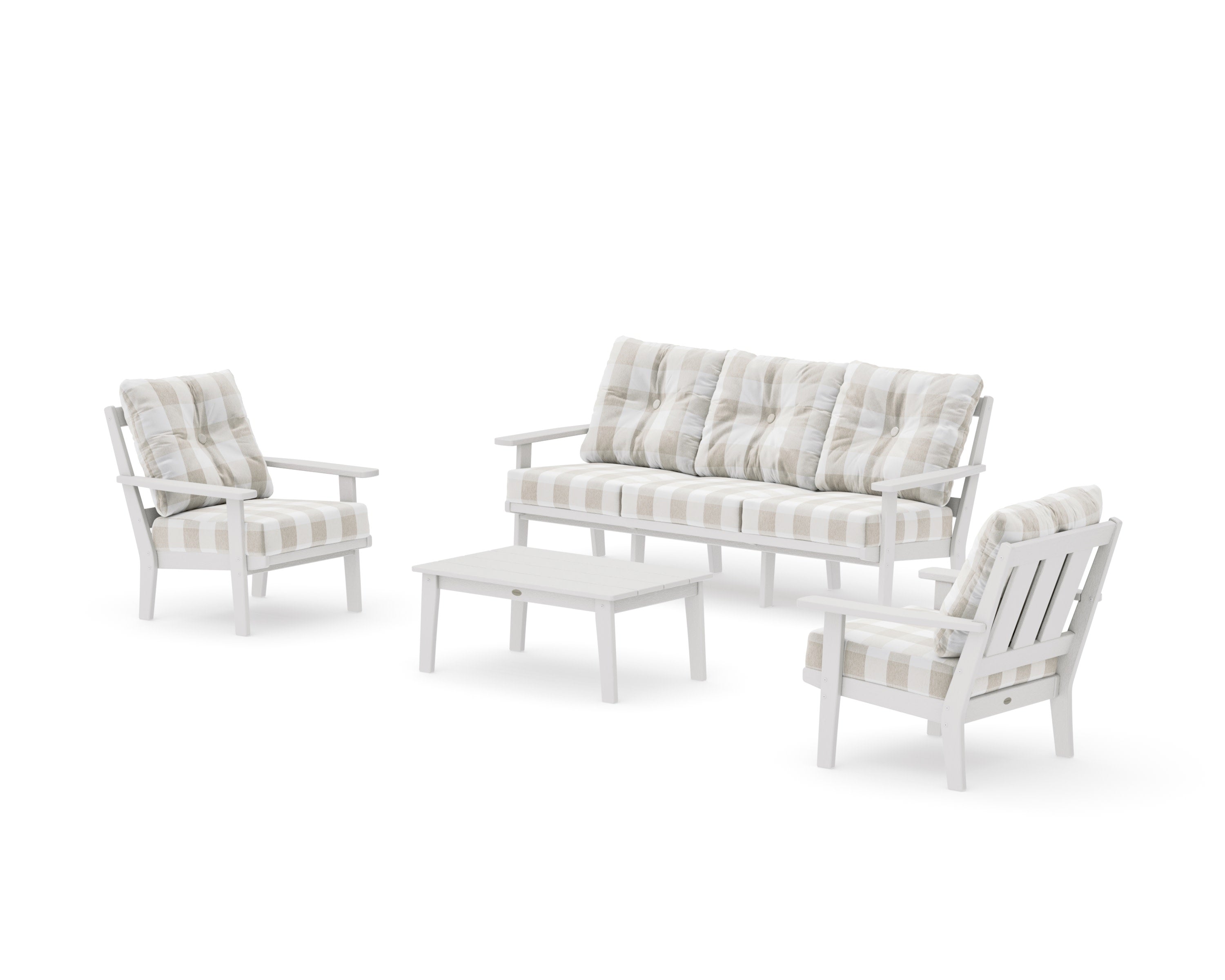 Oxford 4-Piece Deep Seating Set with Sofa in Vintage White / Buffalo Plaid Dune Burlap