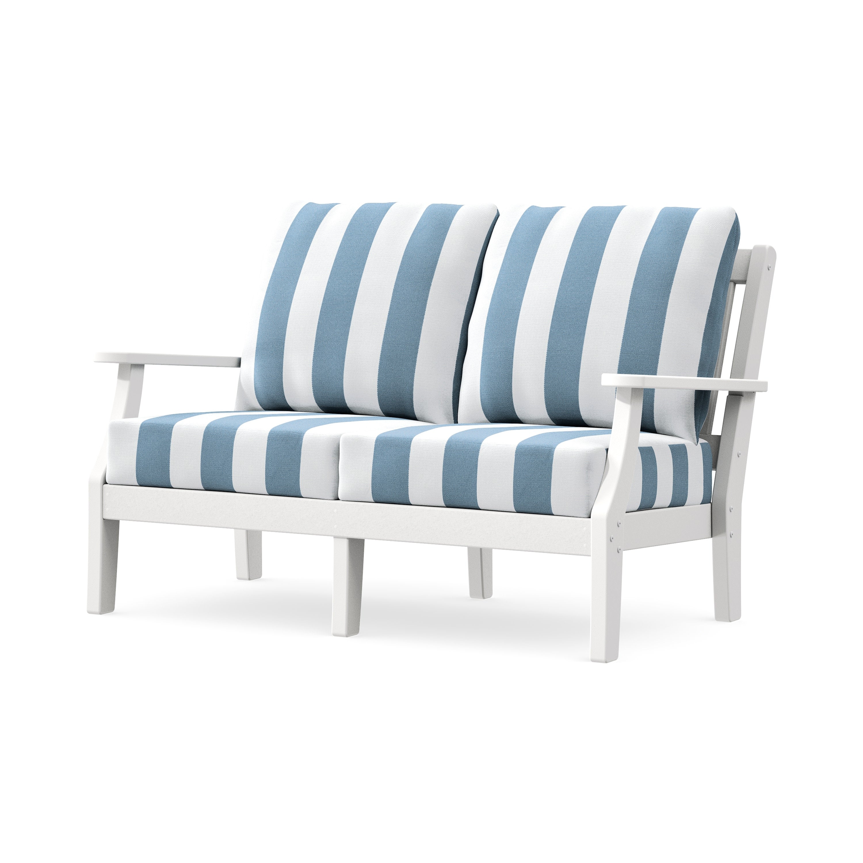 Chinoiserie Deep Seating Loveseat in White / Cabana Stripe Sky Blue