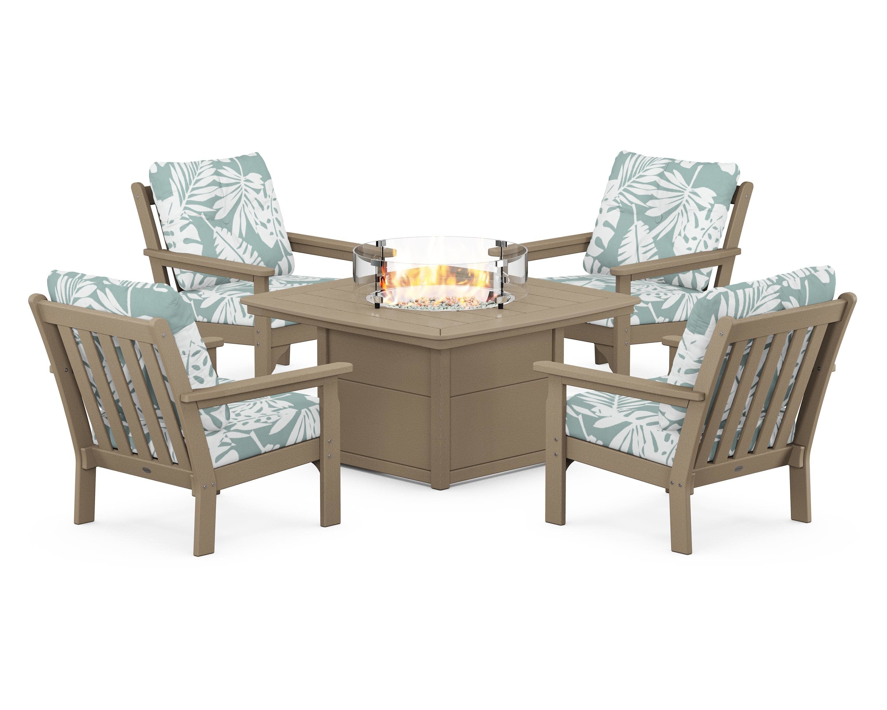 Vineyard 5-Piece Conversation Set with Fire Pit Table in Vintage Sahara / Leaf Glacier Spa