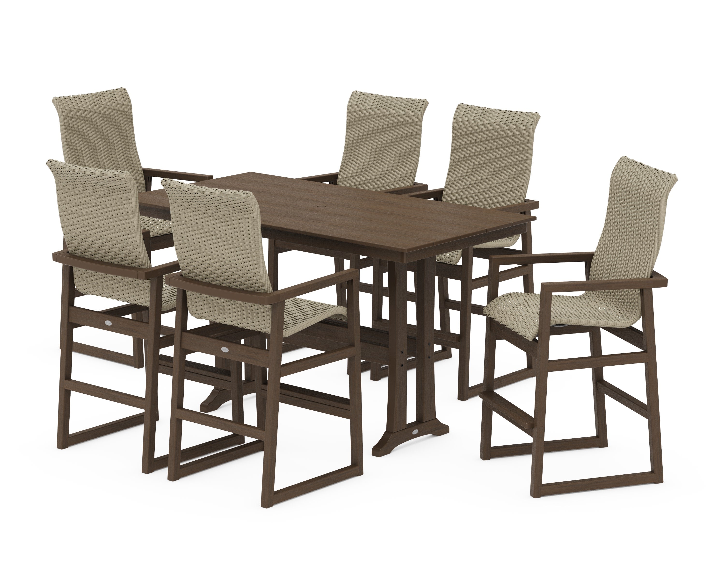 EDGE Woven Highback Arm Chair 7-Piece Farmhouse Bar Set with Trestle Legs in Kona / Dune Grass