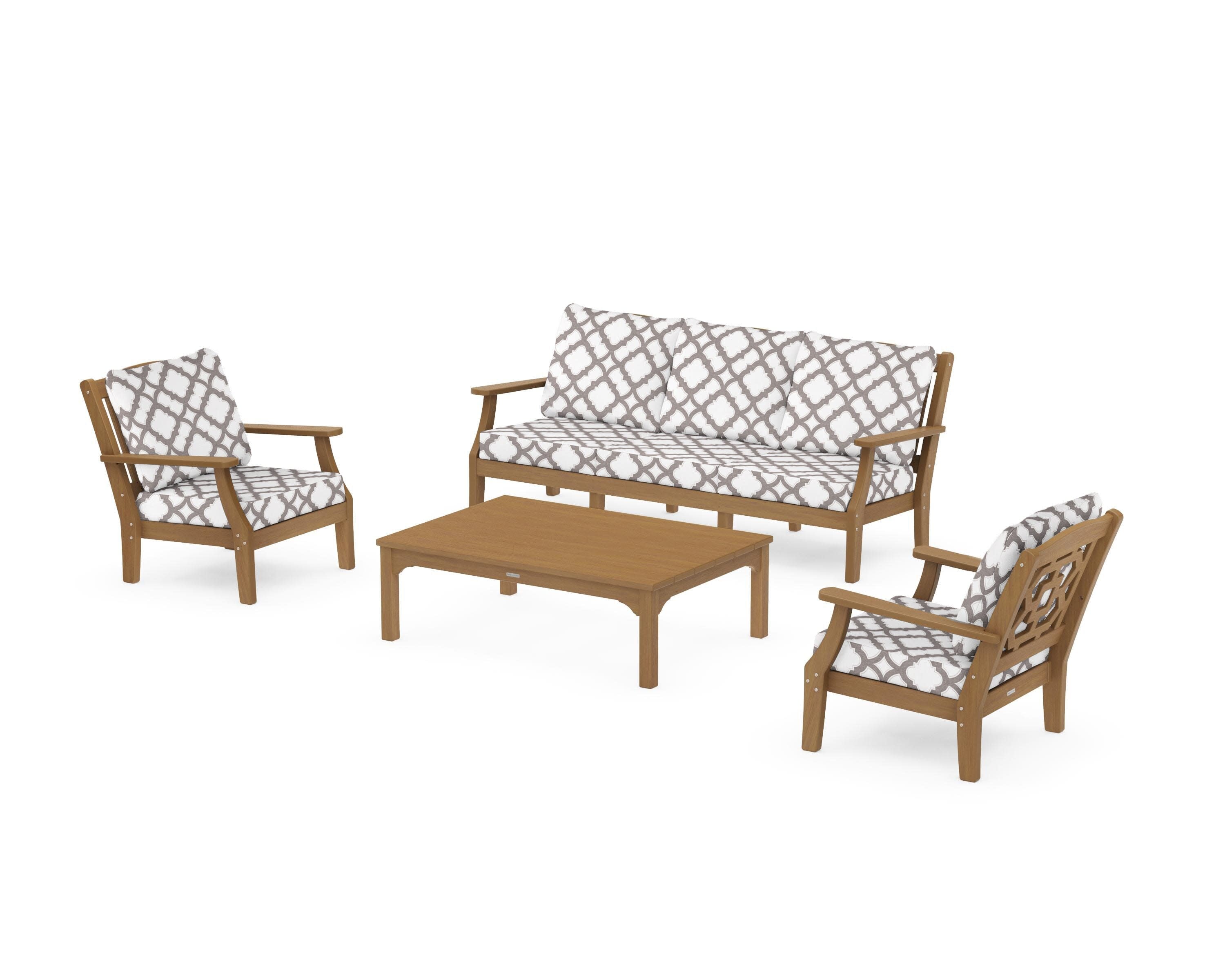 Chinoiserie 4-Piece Deep Seating Set with Sofa in Natural / Trellis Grey Mist
