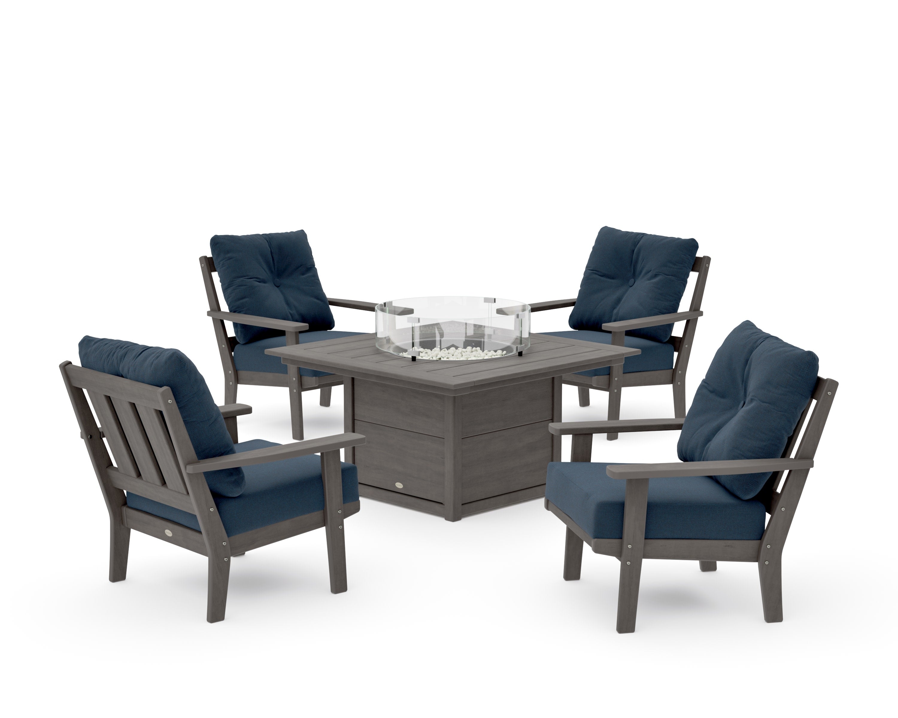 Oxford 5-Piece Deep Seating Set with Fire Pit Table in Driftwood / Marine Indigo