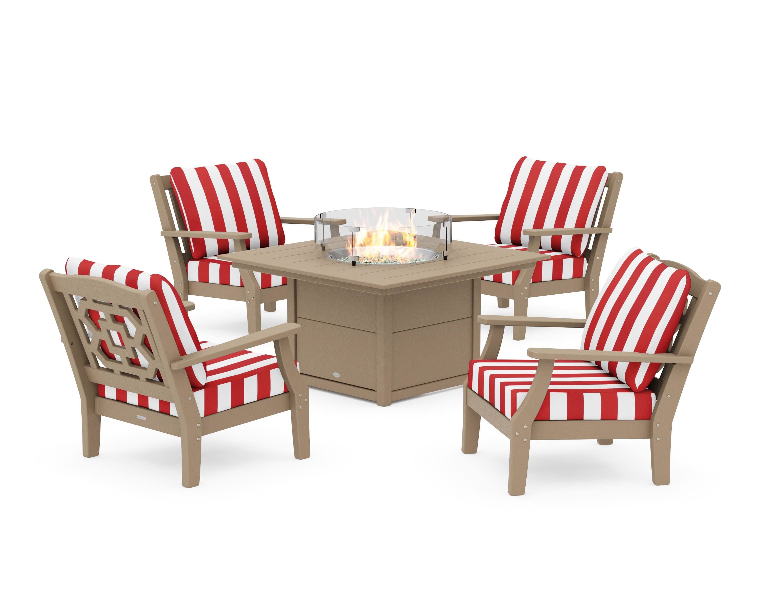 Chinoiserie 5-Piece Deep Seating Set with Fire Pit Table in Vintage Sahara / Cabana Stripe Crimson