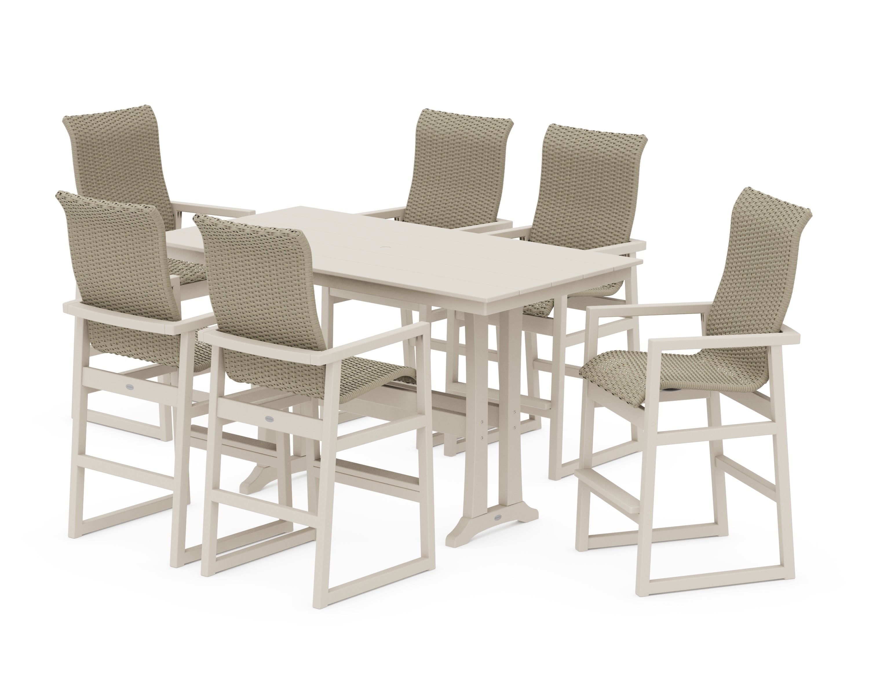 EDGE Woven Highback Arm Chair 7-Piece Farmhouse Bar Set with Trestle Legs in Sand / Dune Grass