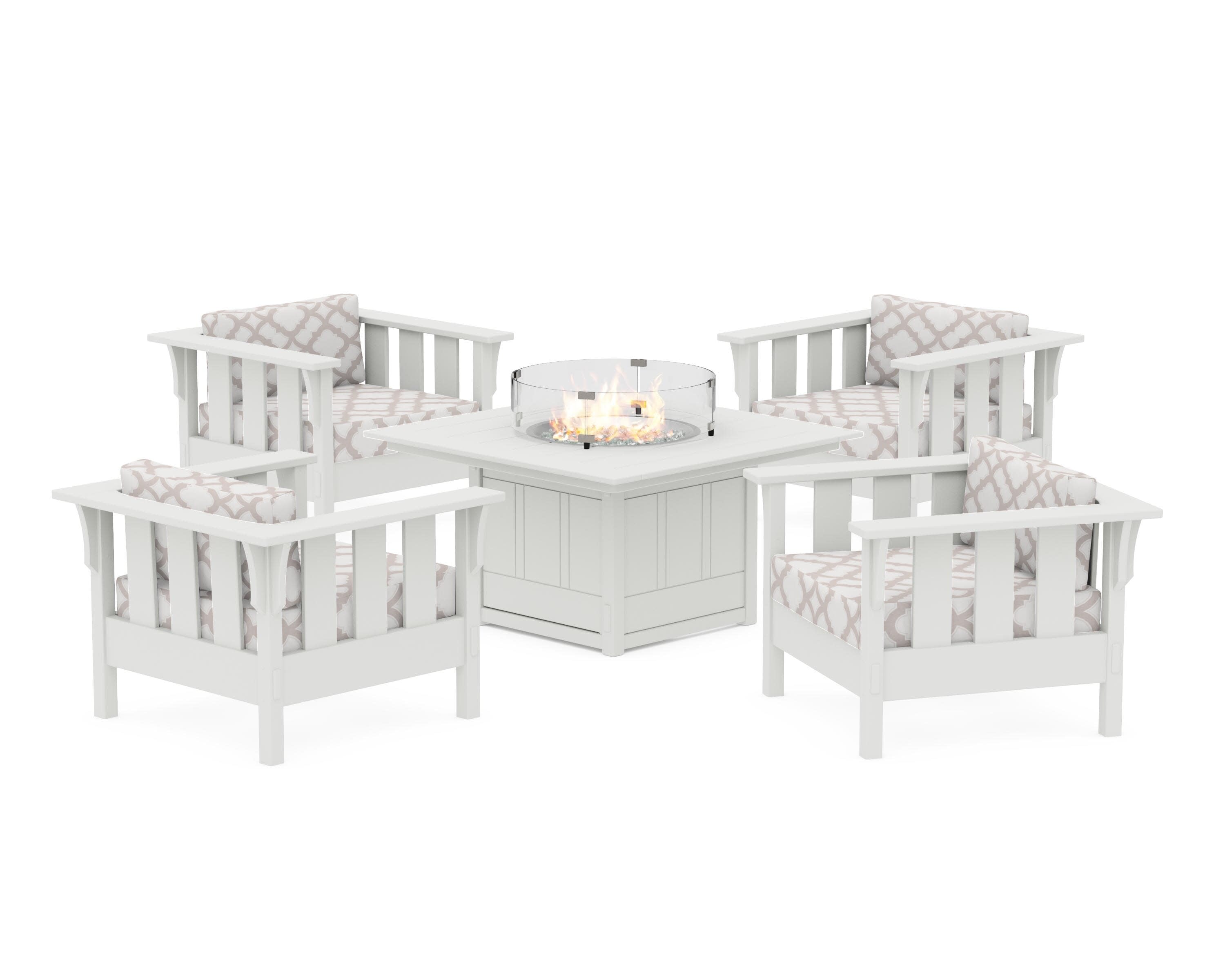 Acadia 5-Piece Deep Seating Set with Fire Pit Table in Vintage White / Trellis Dune Burlap