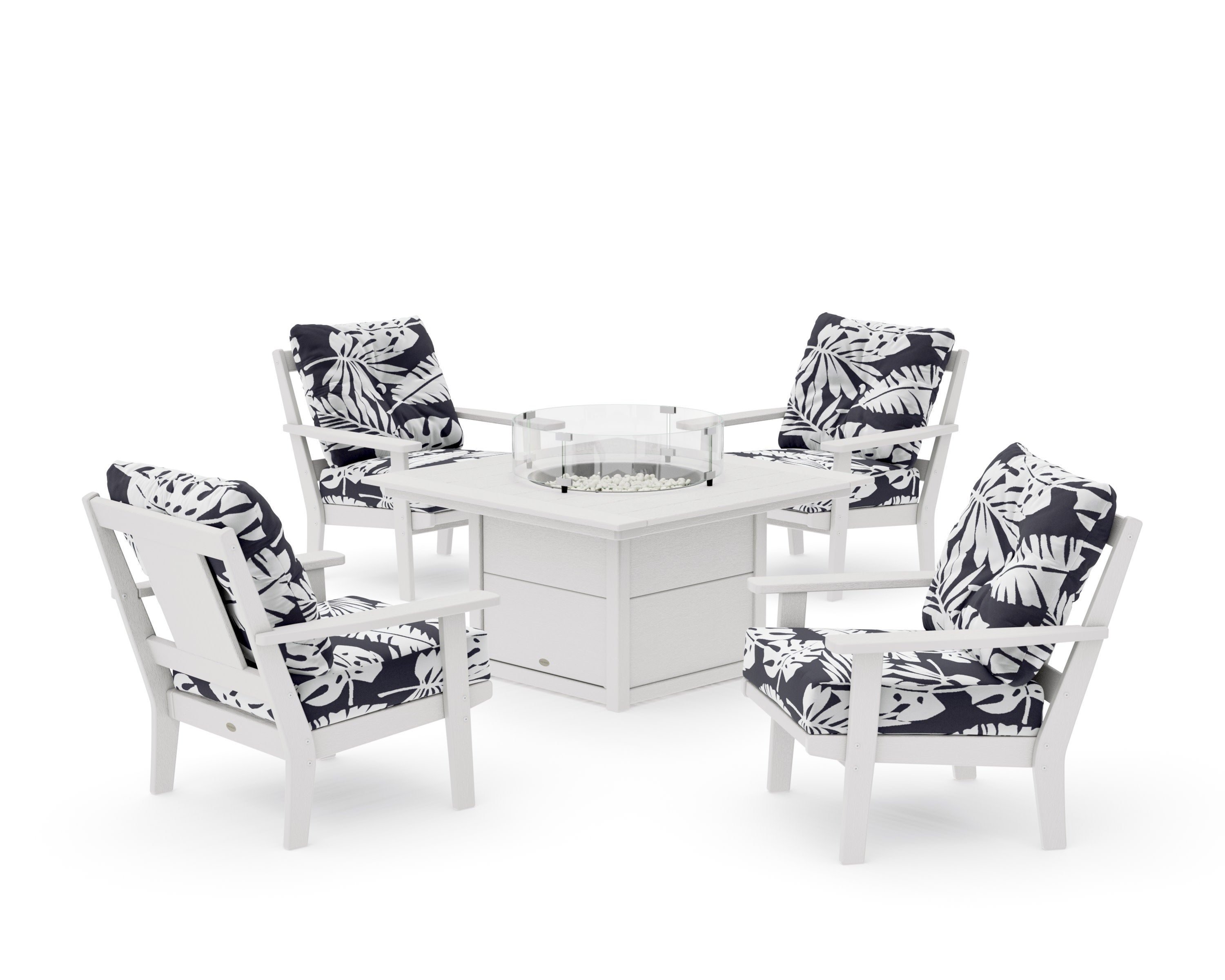 Prairie 5-Piece Deep Seating Set with Fire Pit Table in Vintage White / Leaf Navy