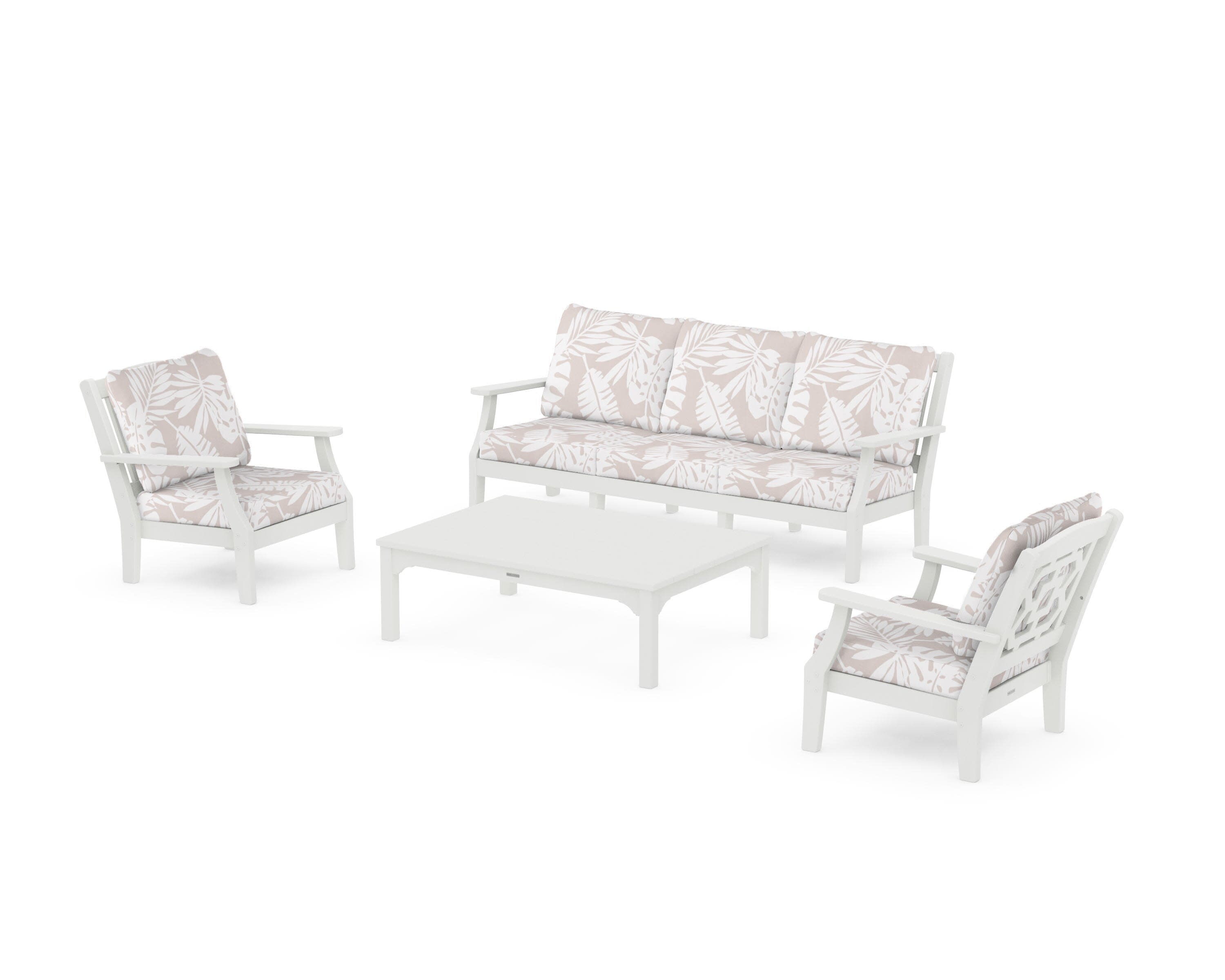 Chinoiserie 4-Piece Deep Seating Set with Sofa in Vintage White / Leaf Dune Burlap