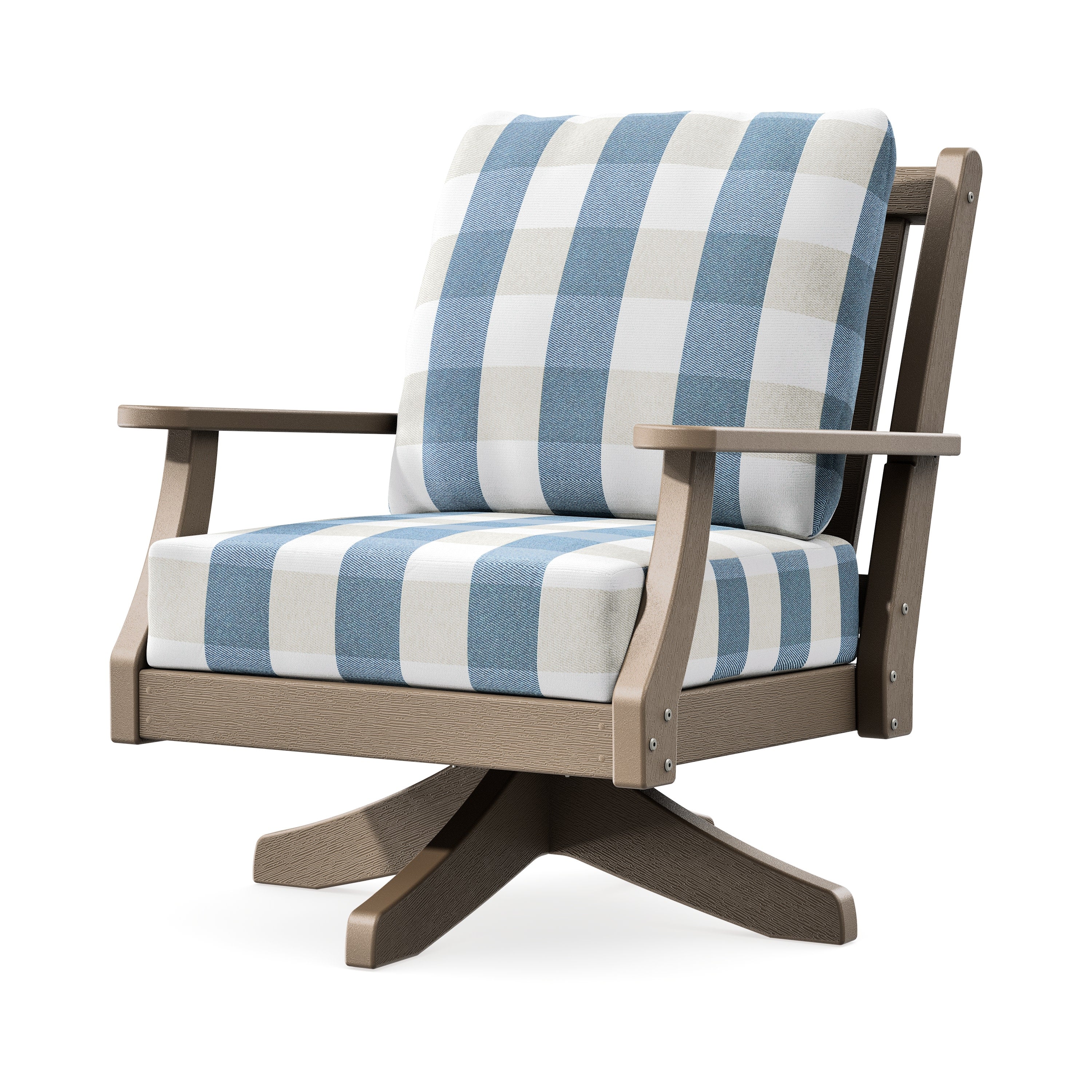 Wovendale Deep Seating Swivel Chair in Vintage Sahara / Buffalo Plaid Sky Blue