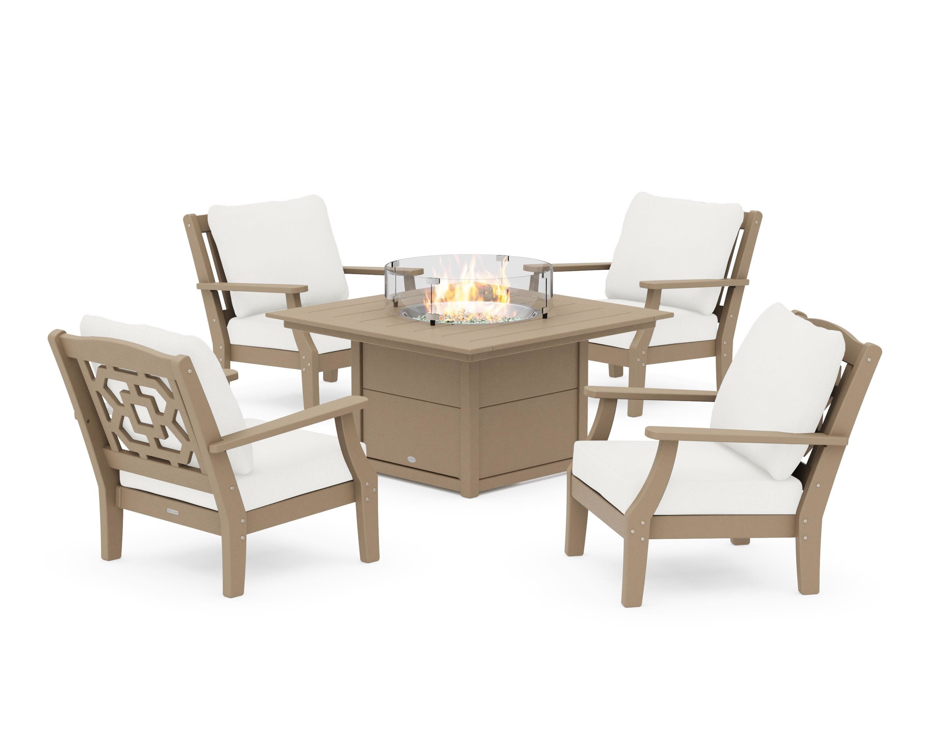 Chinoiserie 5-Piece Deep Seating Set with Fire Pit Table in Vintage Sahara / Natural Linen