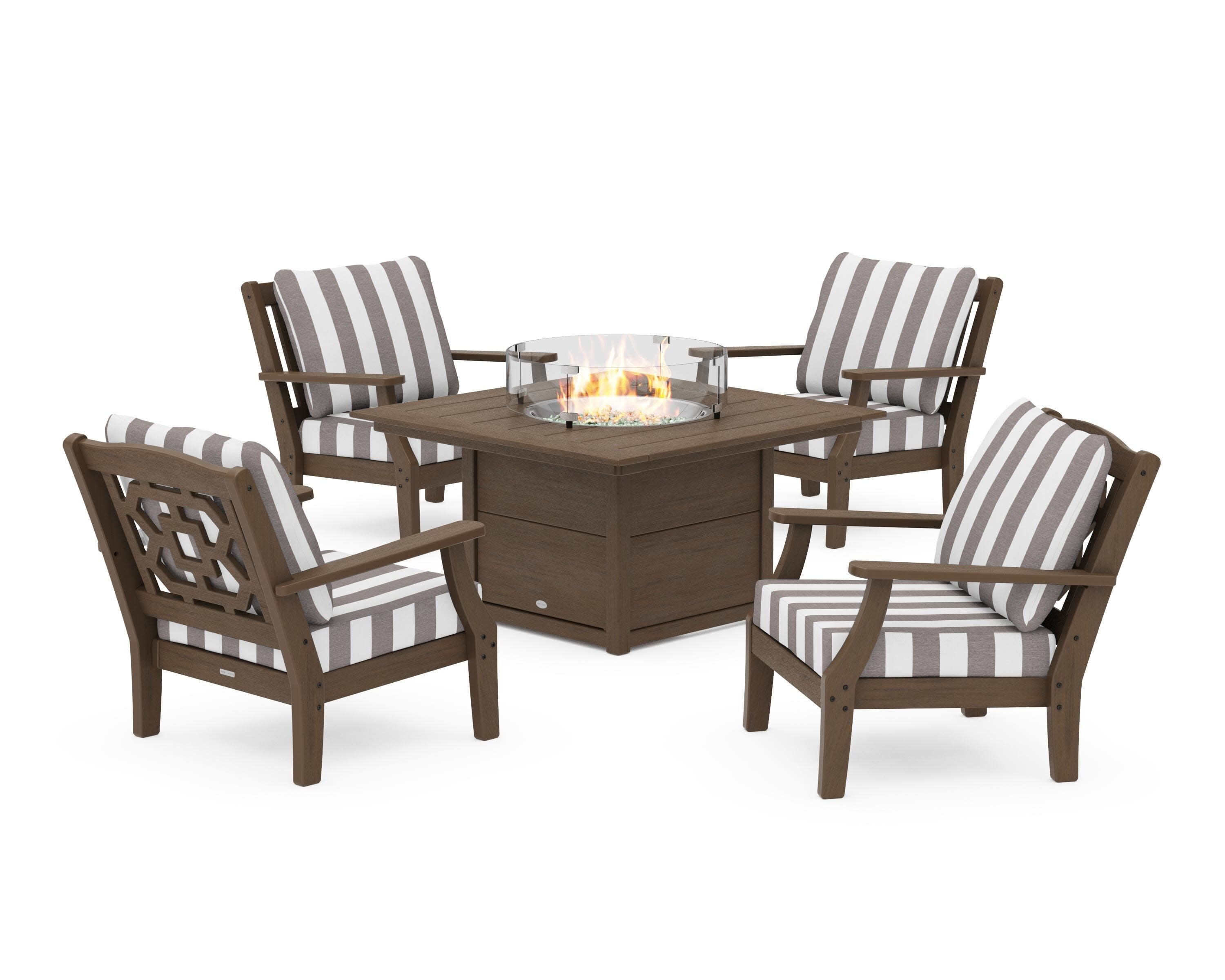 Chinoiserie 5-Piece Deep Seating Set with Fire Pit Table in Kona / Cabana Stripe Grey Mist