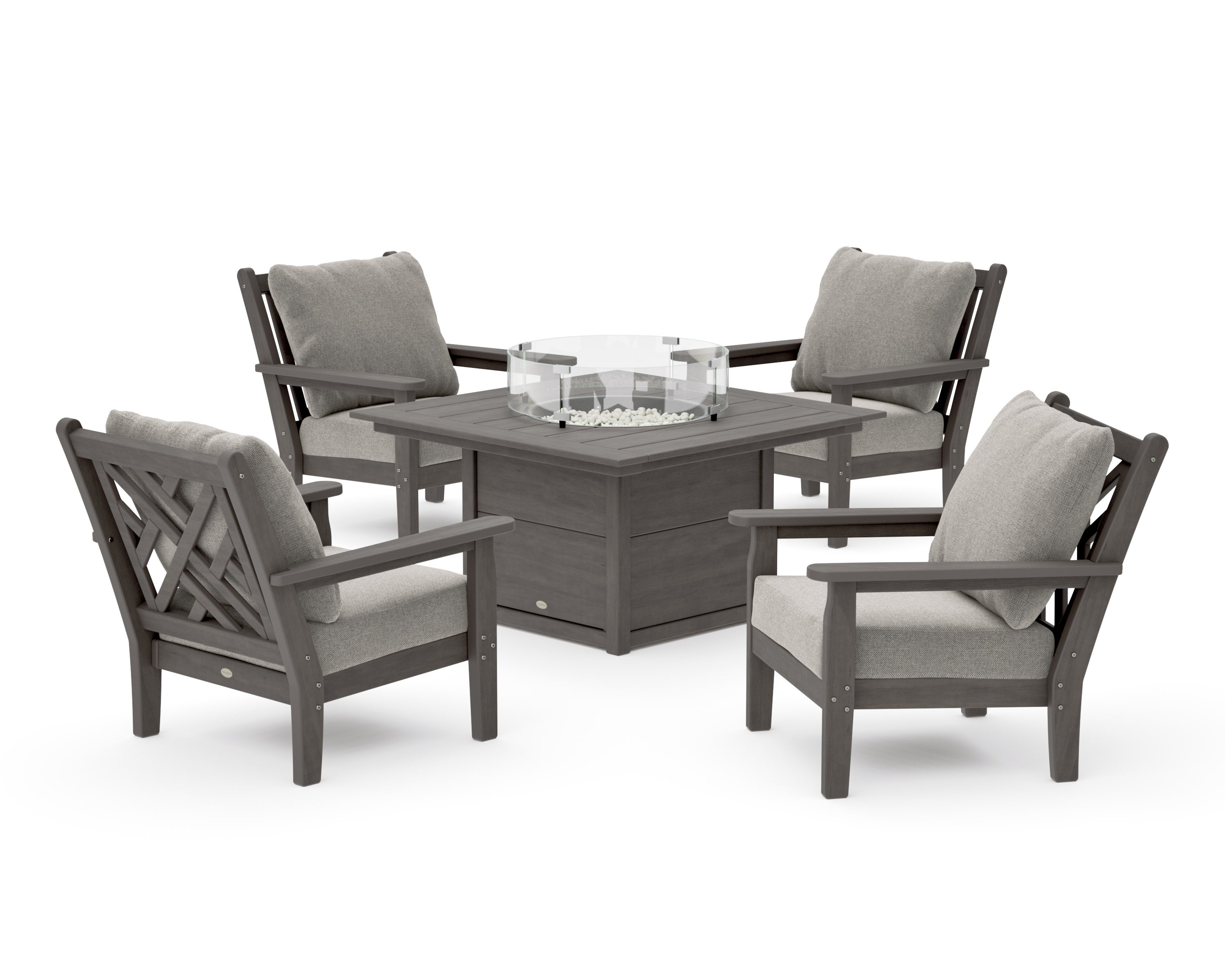 Chippendale 5-Piece Deep Seating Set with Fire Pit Table in Driftwood / Weathered Tweed