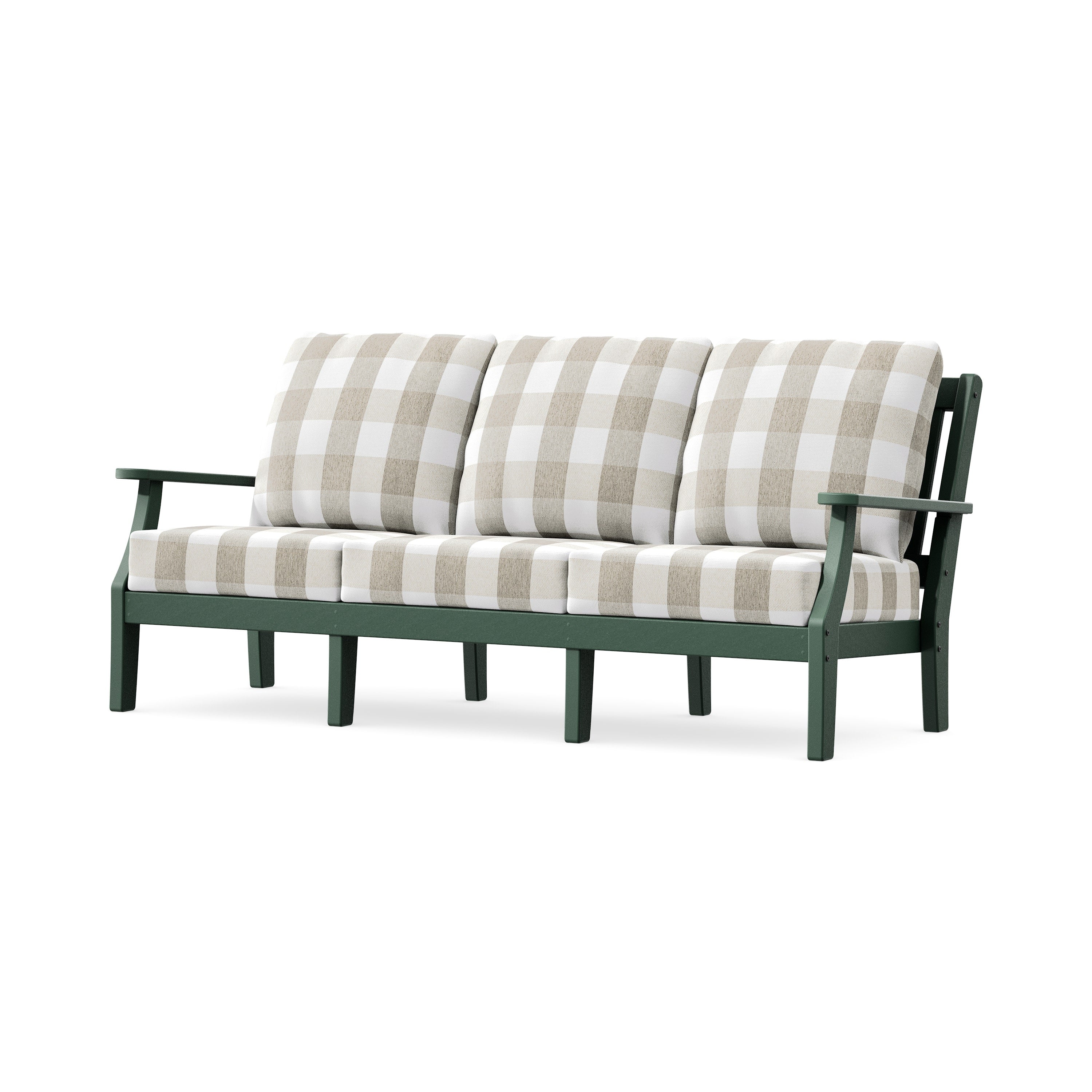 Chinoiserie Deep Seating Sofa in Green / Buffalo Plaid Dune Burlap