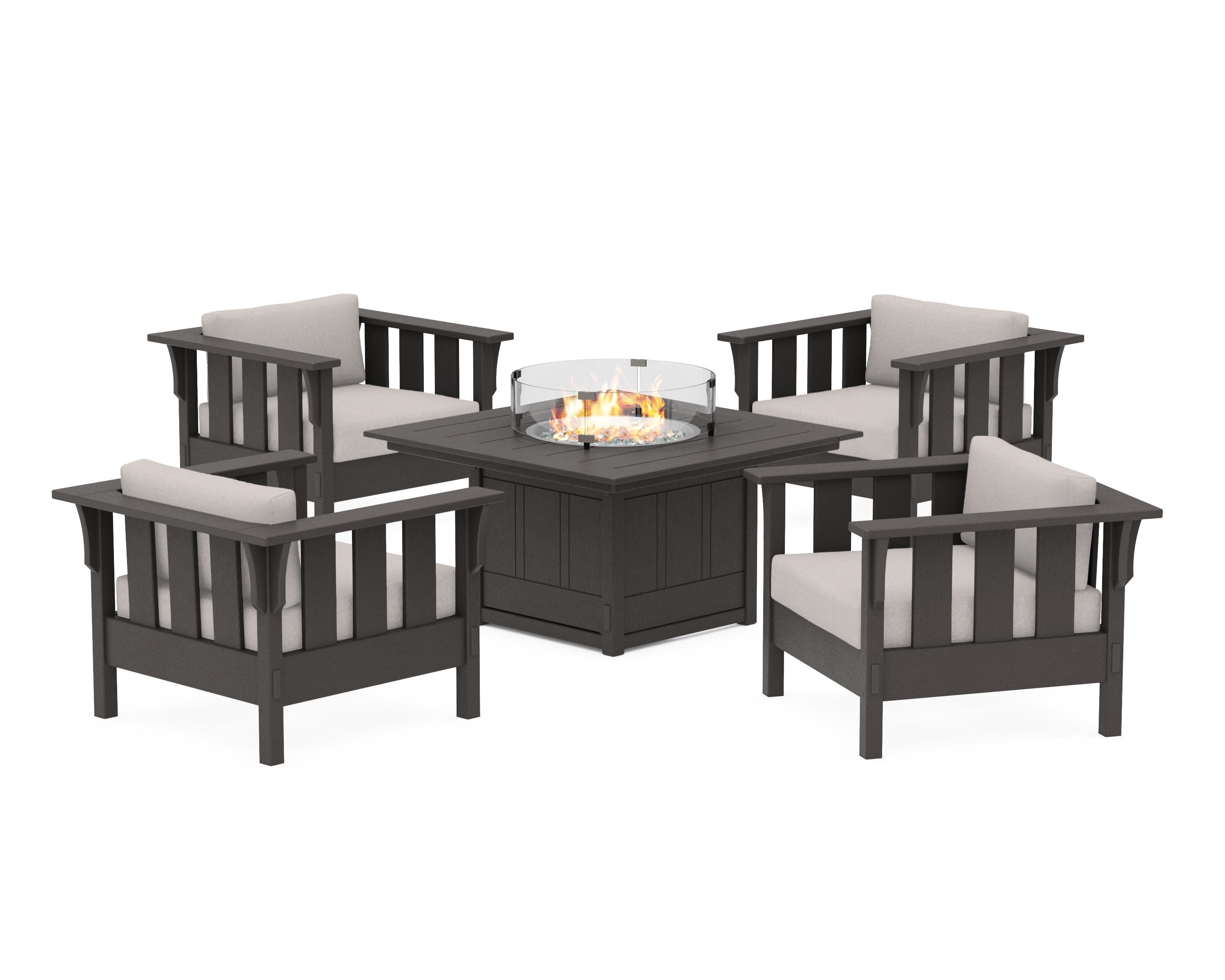 Acadia 5-Piece Deep Seating Set with Fire Pit Table in Vintage Coffee / Dune Burlap