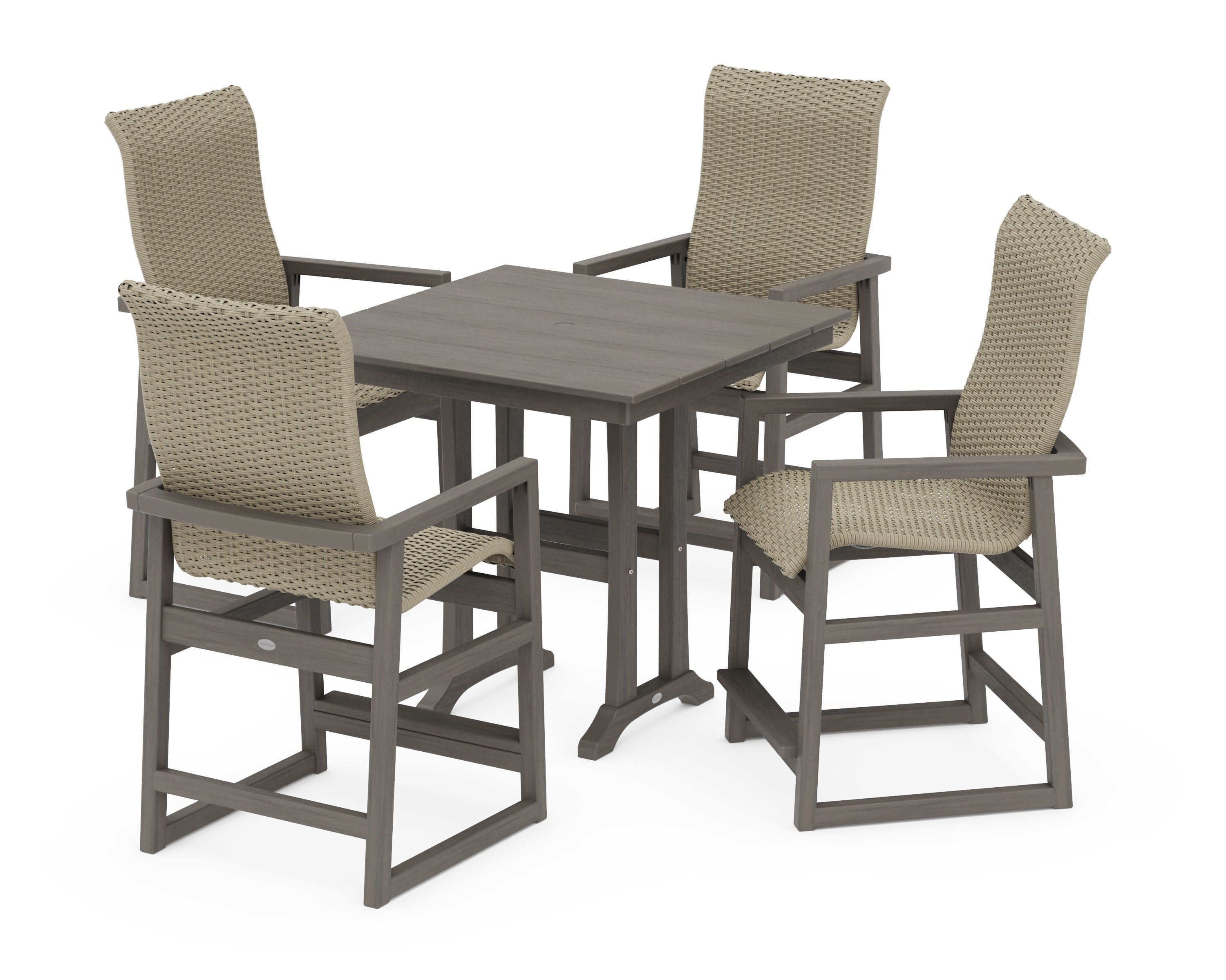 EDGE Woven Highback 5-Piece Farmhouse Counter Set with Trestle Legs in Driftwood / Dune Grass
