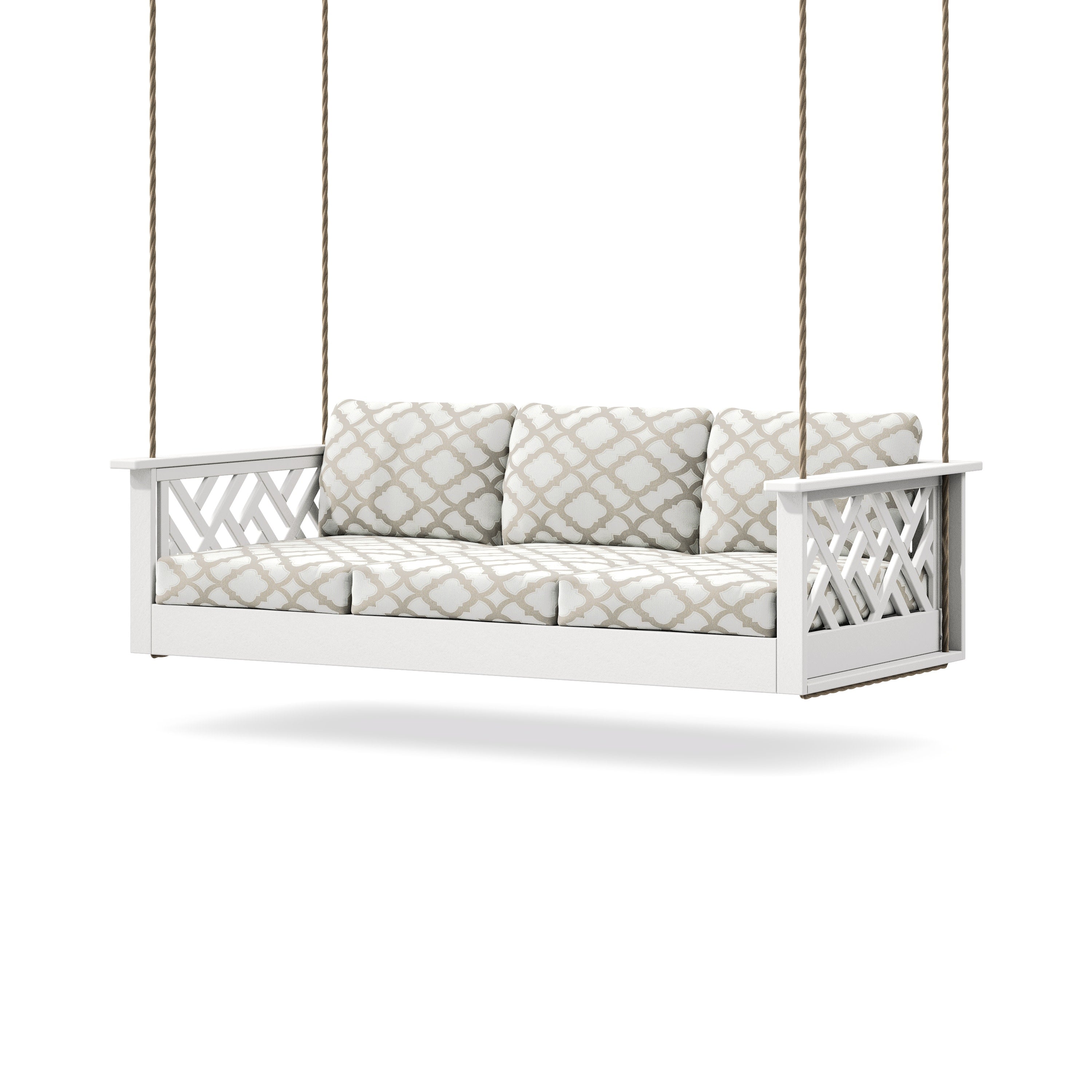 Chippendale Daybed Swing in White / Trellis Dune Burlap