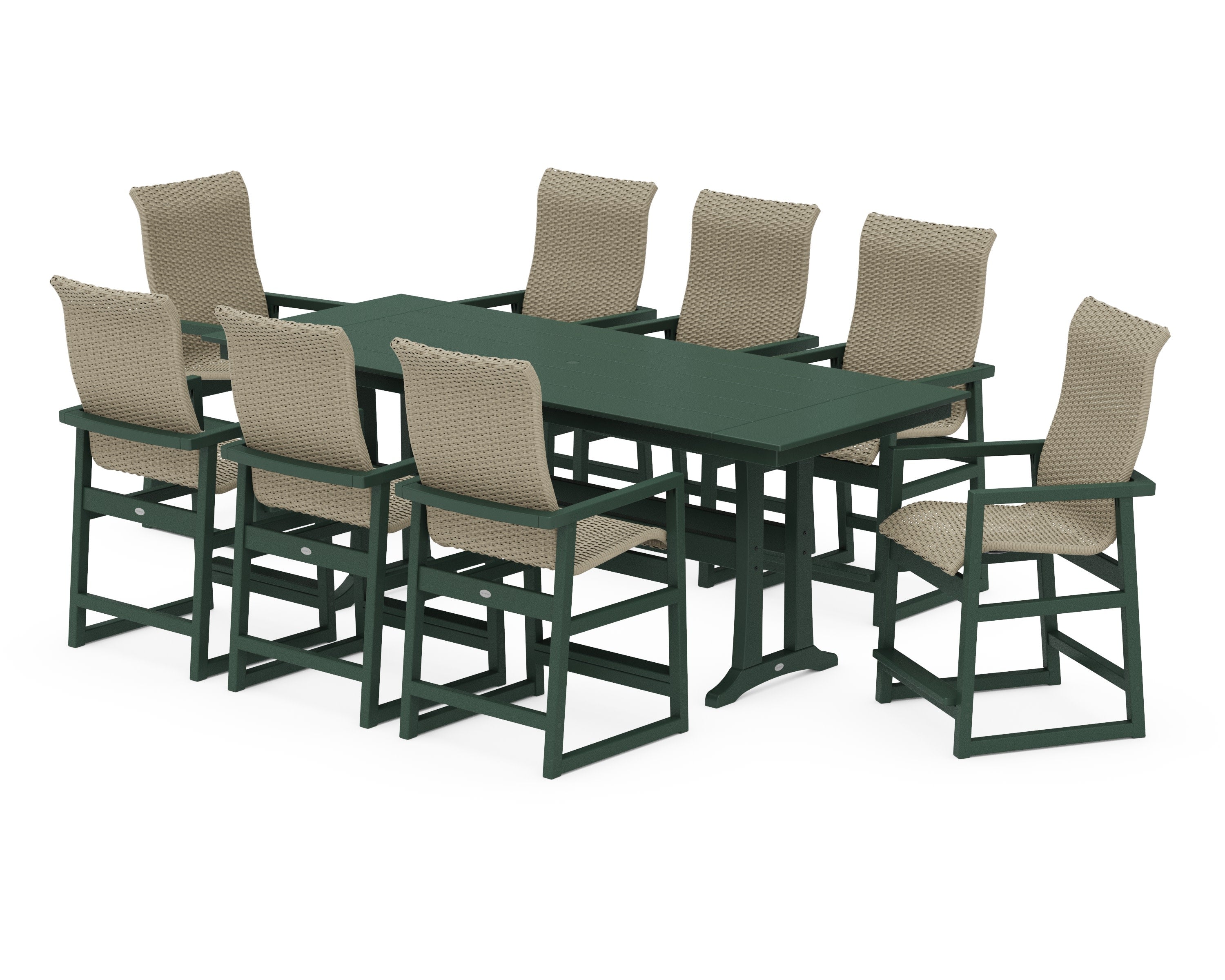 EDGE Woven Highback 9-Piece Farmhouse Counter Set with Trestle Legs in Green / Dune Grass