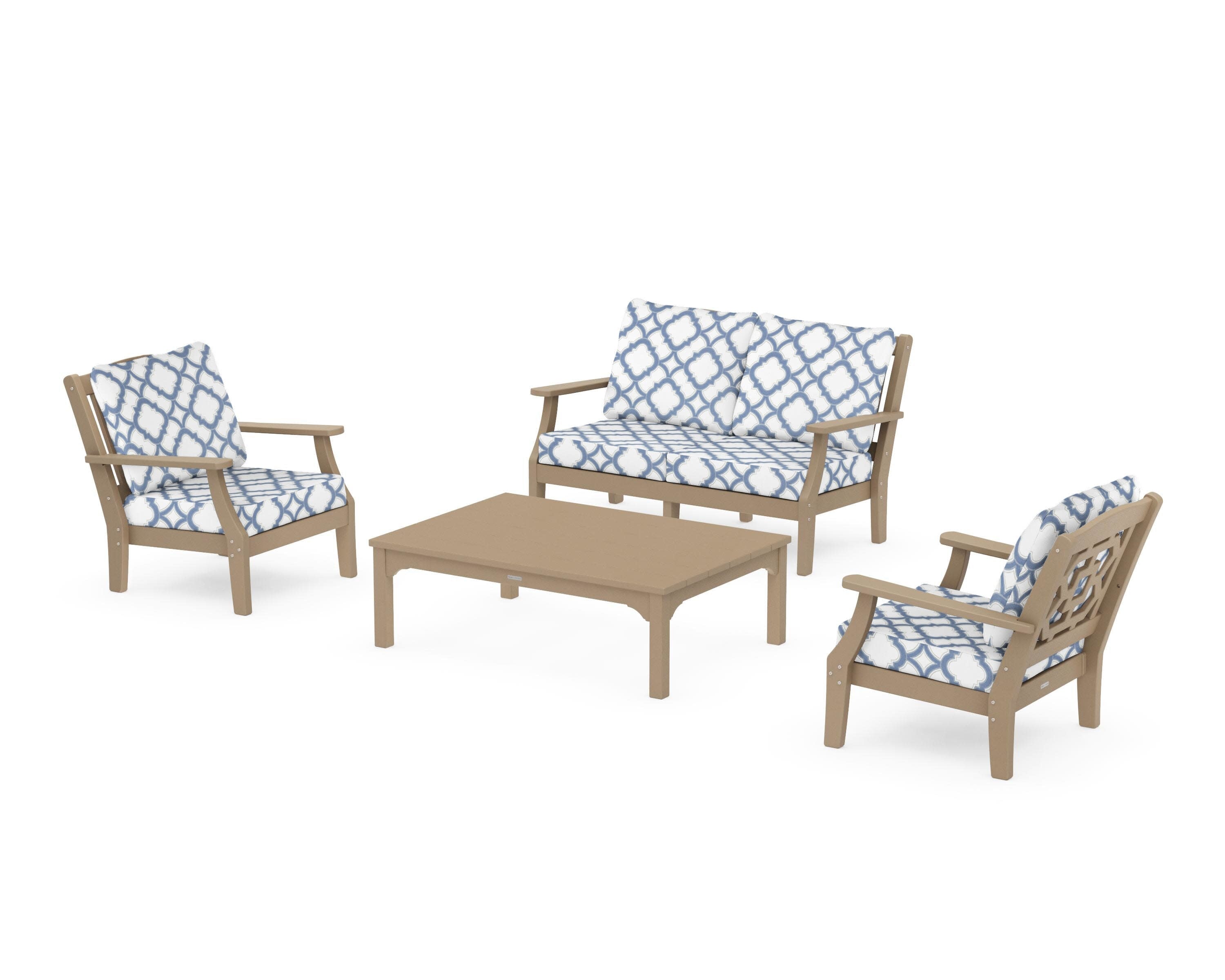 Chinoiserie 4-Piece Deep Seating Set with Loveseat in Vintage Sahara / Trellis Sky Blue