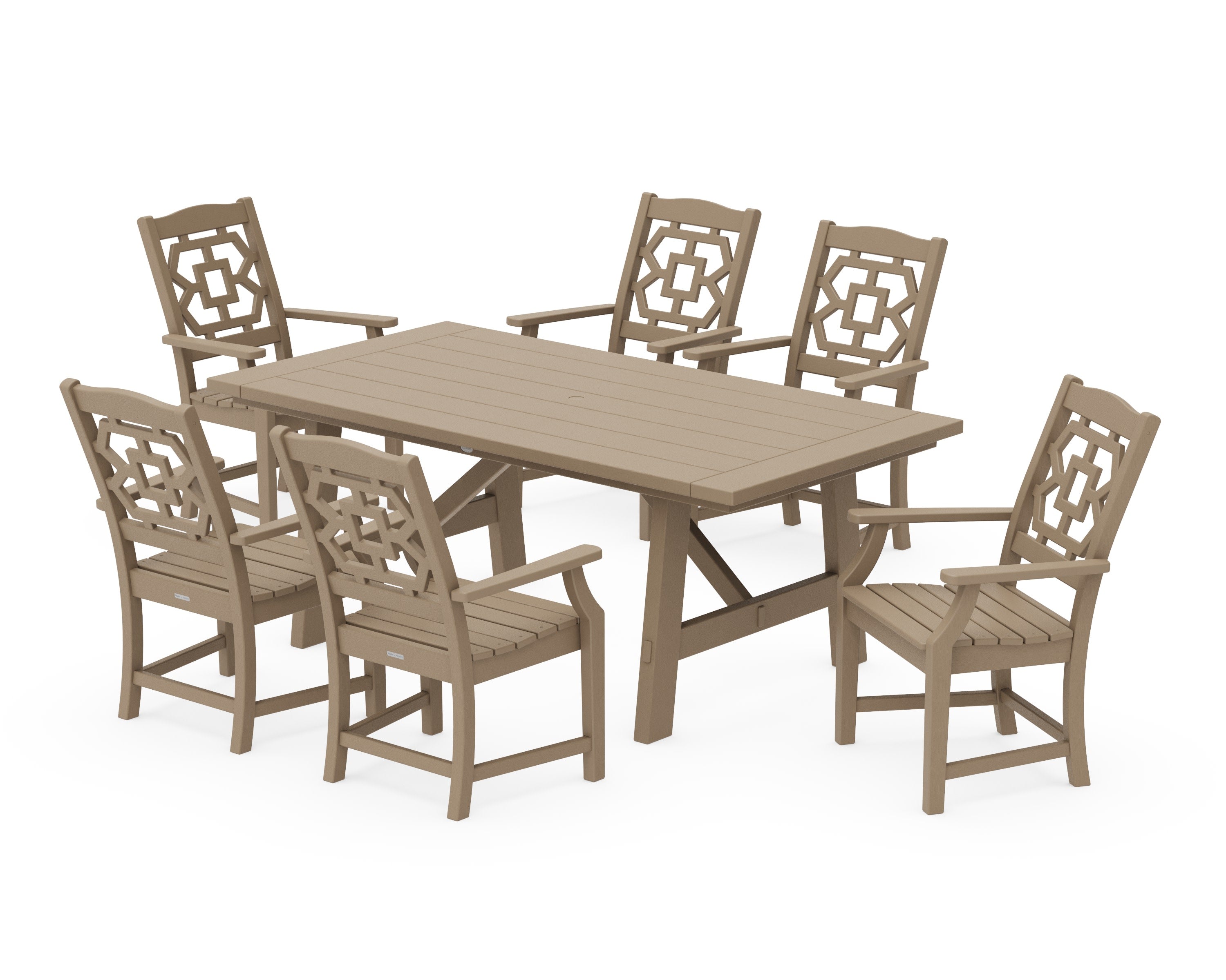 Chinoiserie Arm Chair 7-Piece Rustic Farmhouse Dining Set in Vintage Sahara