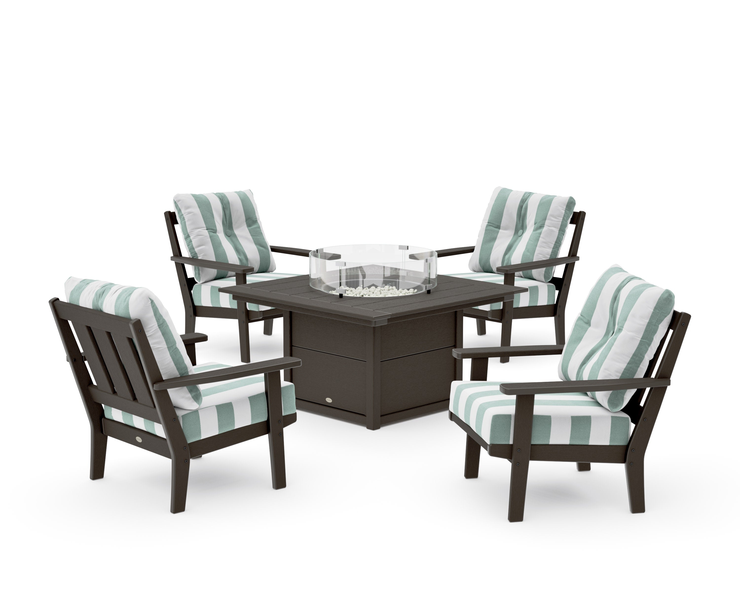 Oxford 5-Piece Deep Seating Set with Fire Pit Table in Vintage Coffee / Cabana Stripe Glacier Spa