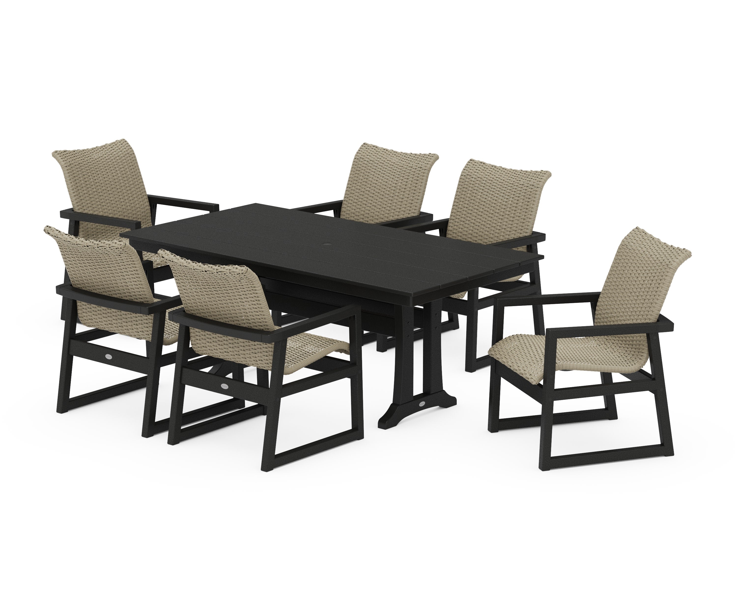 EDGE Woven Arm Chair 7-Piece Farmhouse Dining Set with Trestle Legs in Black / Dune Grass