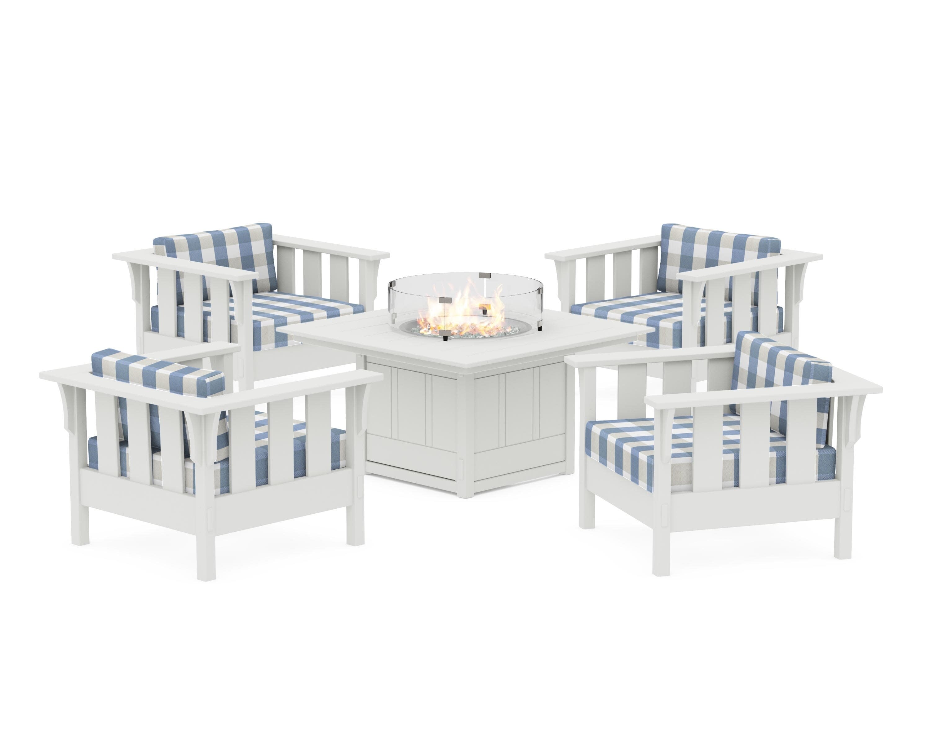 Acadia 5-Piece Deep Seating Set with Fire Pit Table in Vintage White / Buffalo Plaid Sky Blue