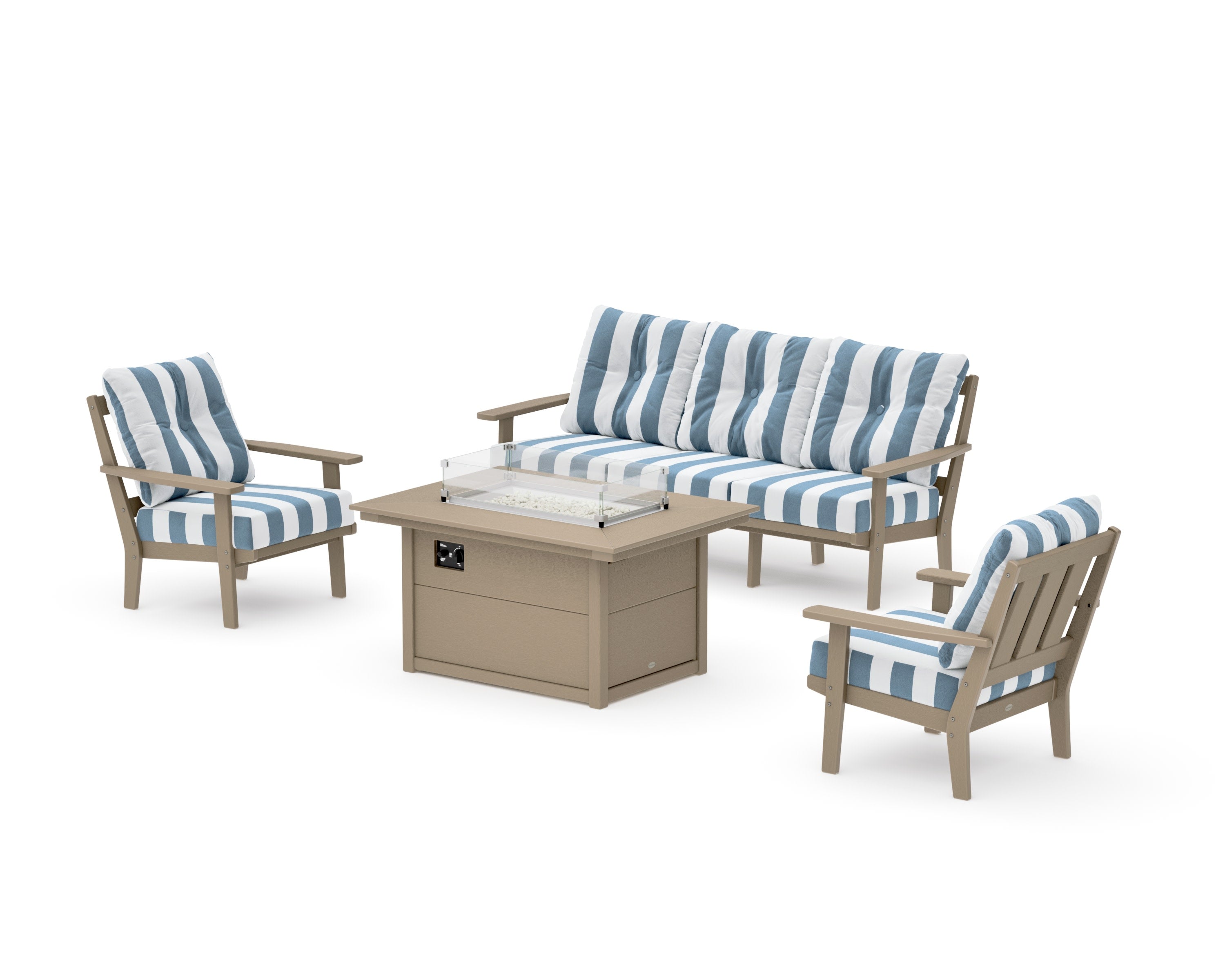 Oxford Deep Seating Fire Pit Table Set in Vintage Sahara / Cabana Stripe Sky Blue