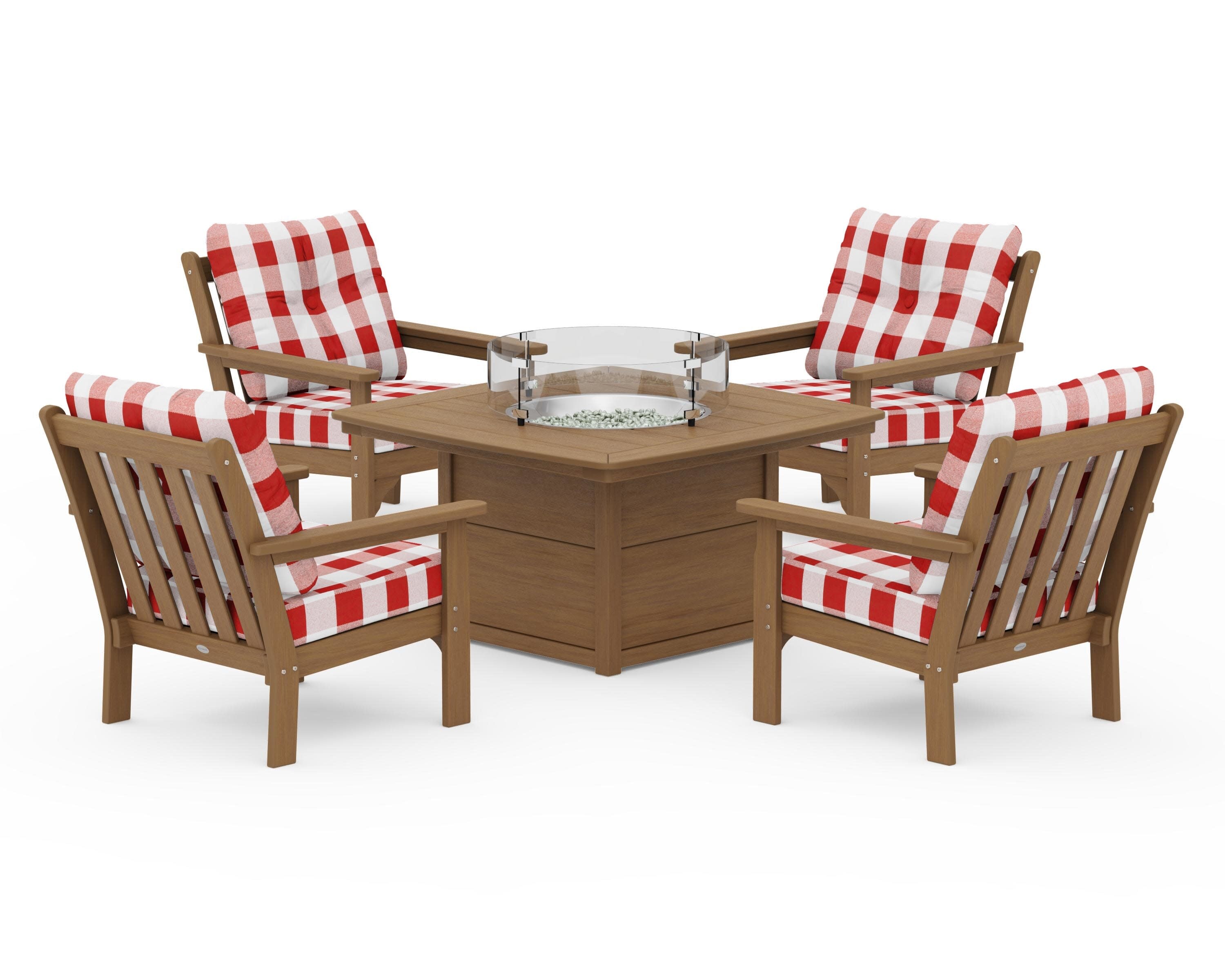 Vineyard 5-Piece Conversation Set with Fire Pit Table in Natural / Buffalo Plaid Crimson