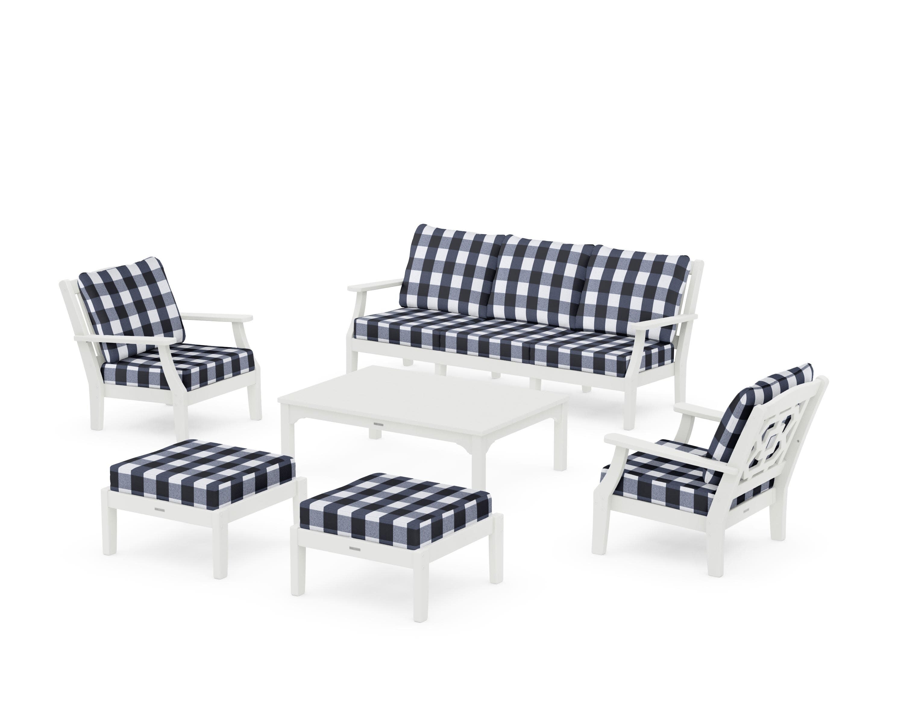 Chinoiserie 6-Piece Lounge Sofa Set in Vintage White / Buffalo Plaid Marine Indigo