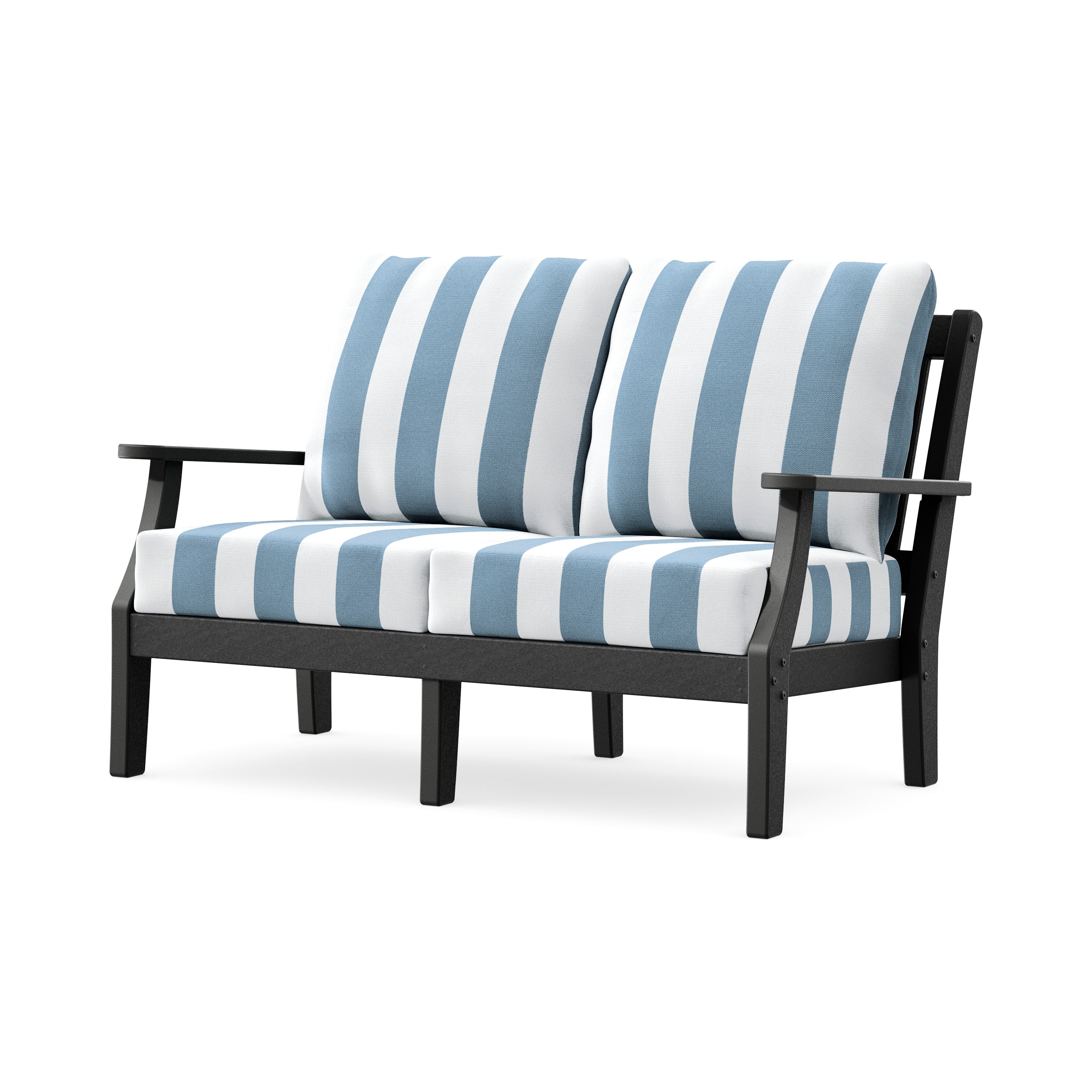 Chinoiserie Deep Seating Loveseat in Black / Cabana Stripe Sky Blue