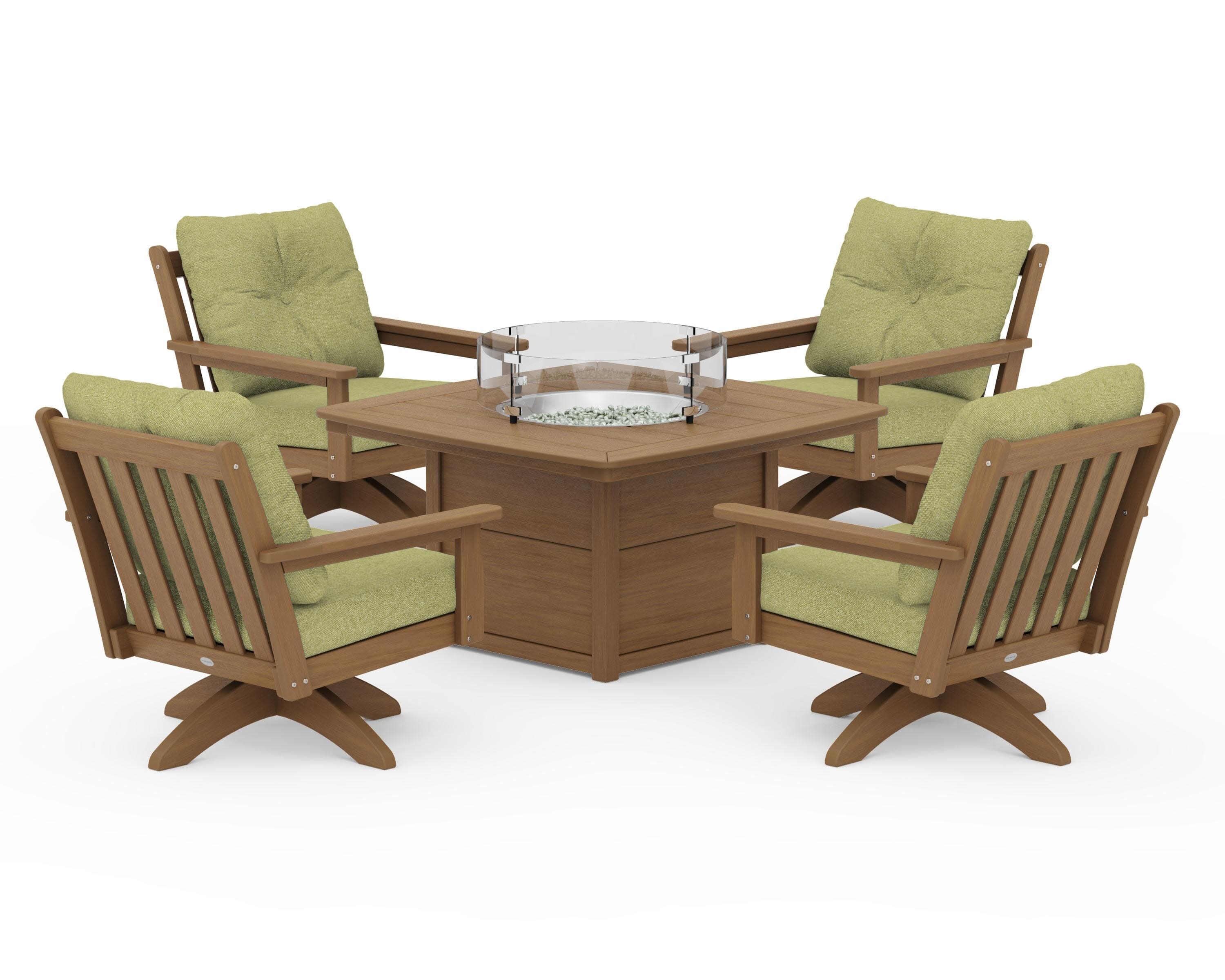 Vineyard 5-Piece Deep Seating Swivel Conversation Set with Fire Pit Table in Natural / Chartreuse Boucle