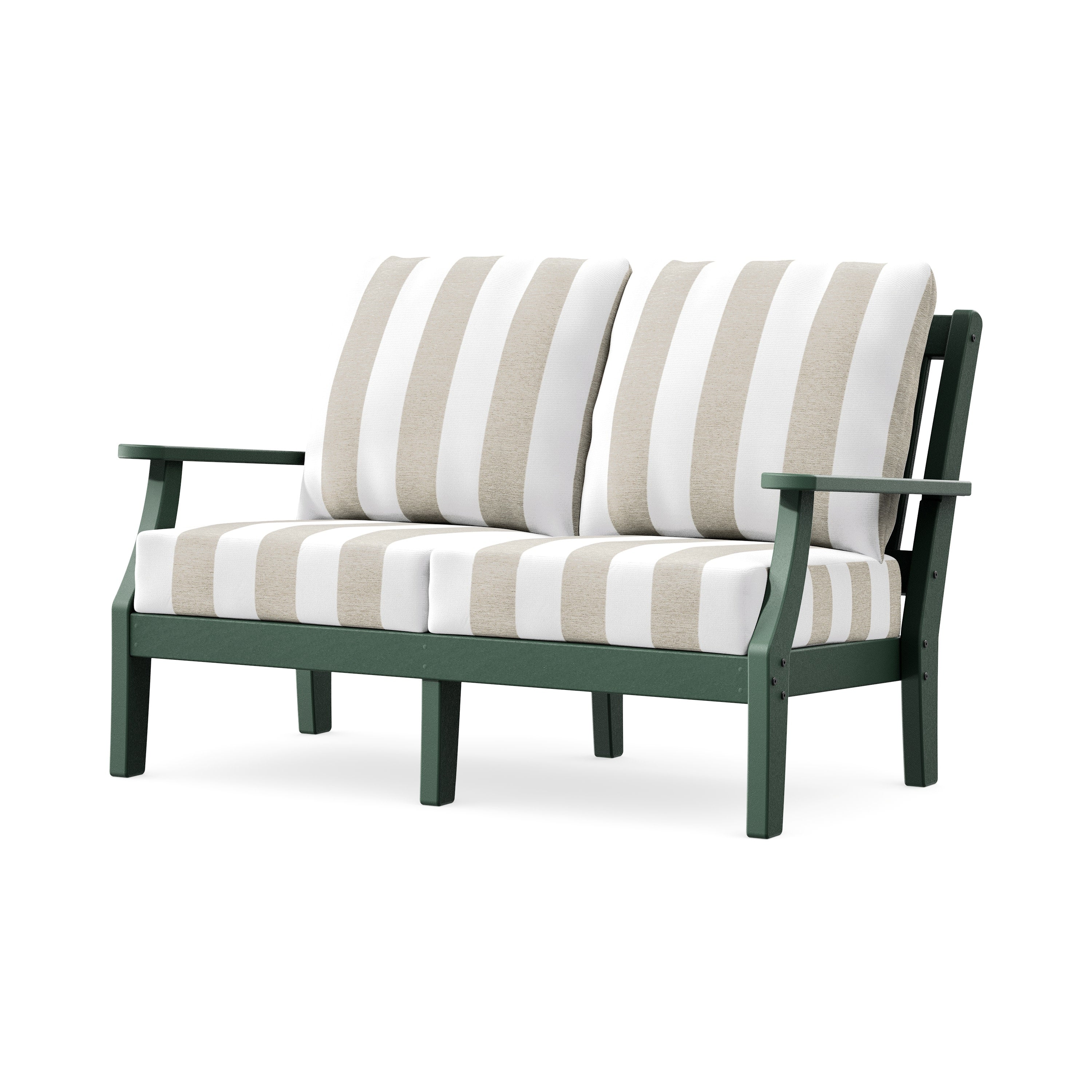 Chinoiserie Deep Seating Loveseat in Green / Cabana Stripe Dune Burlap