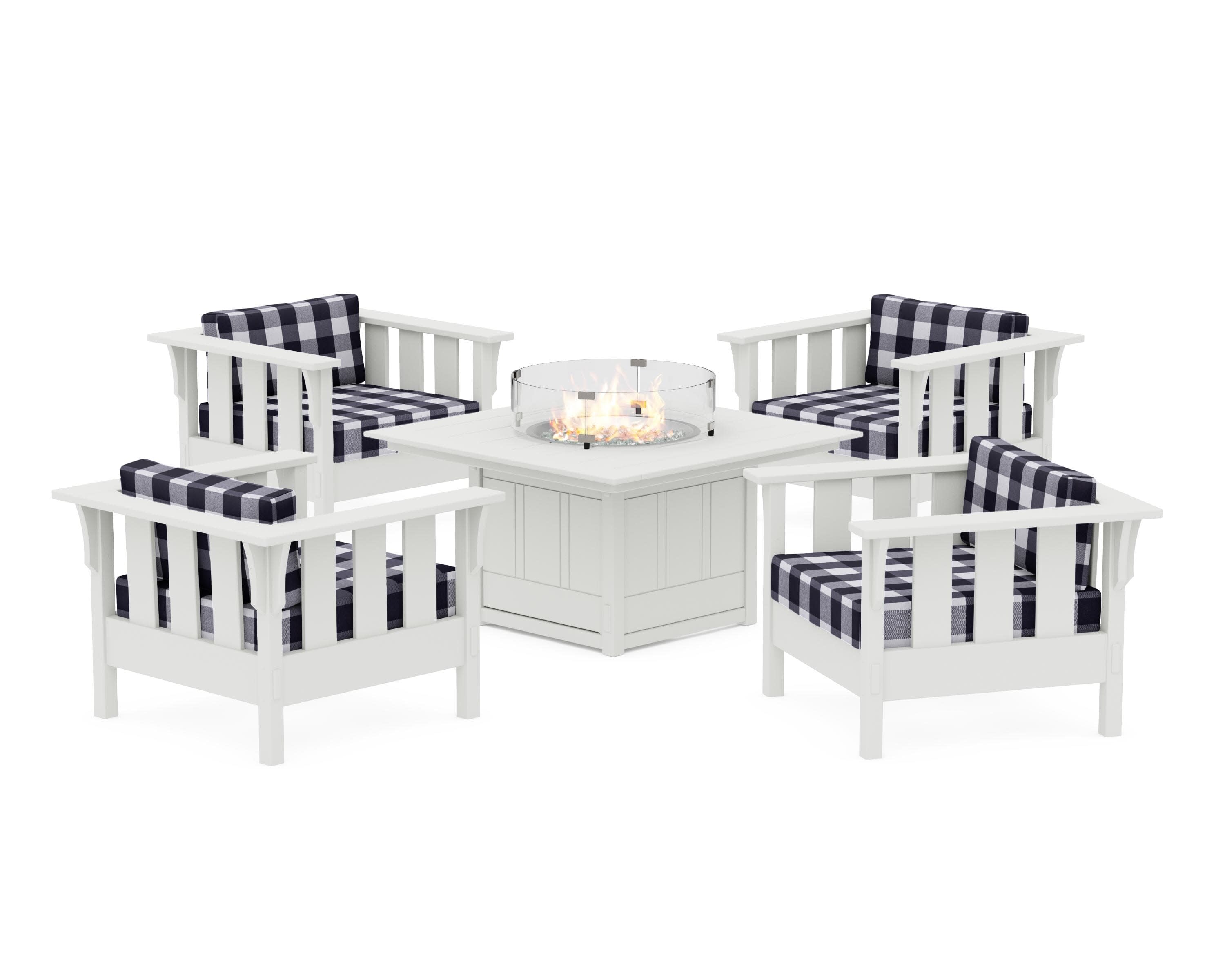 Acadia 5-Piece Deep Seating Set with Fire Pit Table in White / Buffalo Plaid Navy