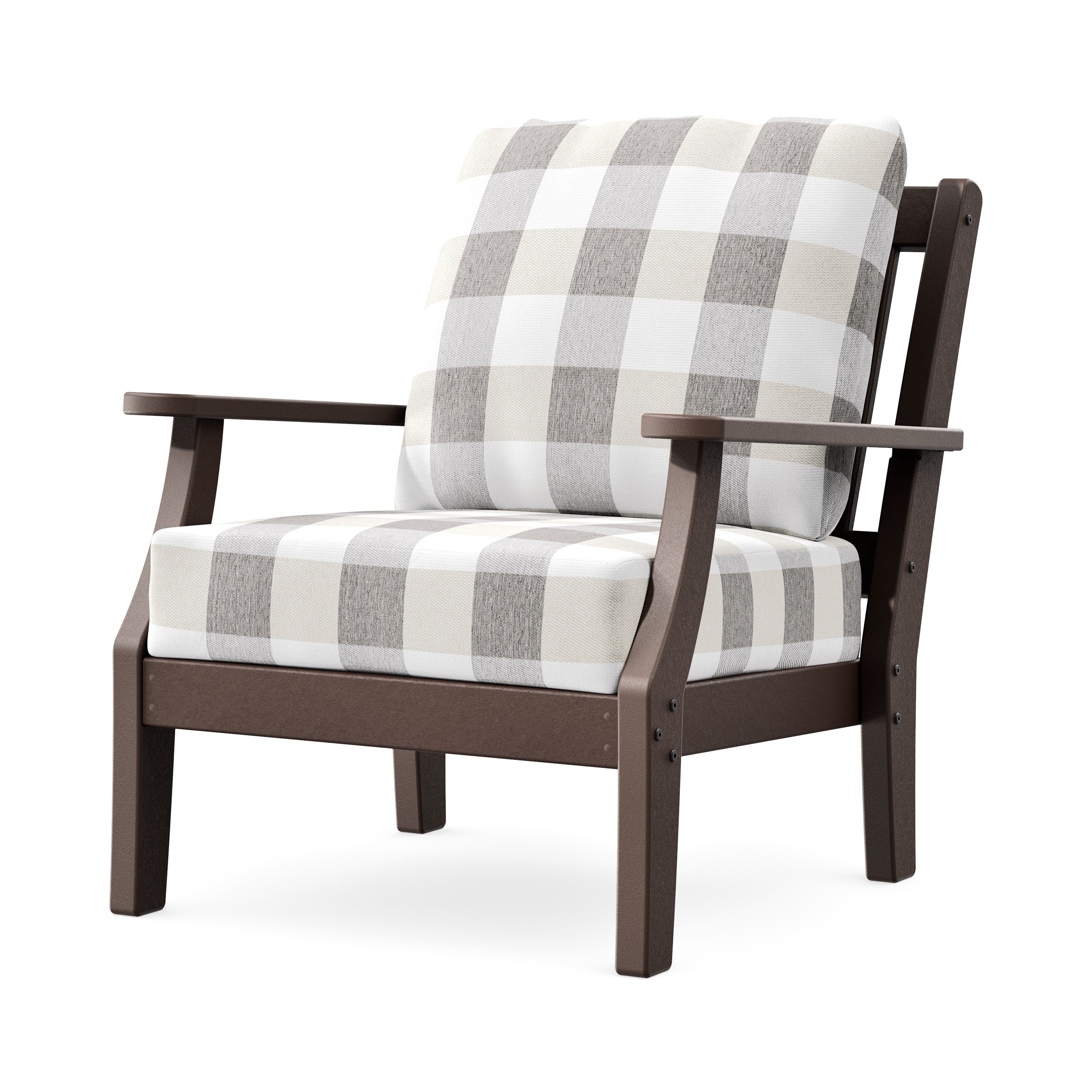 Chinoiserie Deep Seating Chair in Mahogany / Buffalo Plaid Grey Mist