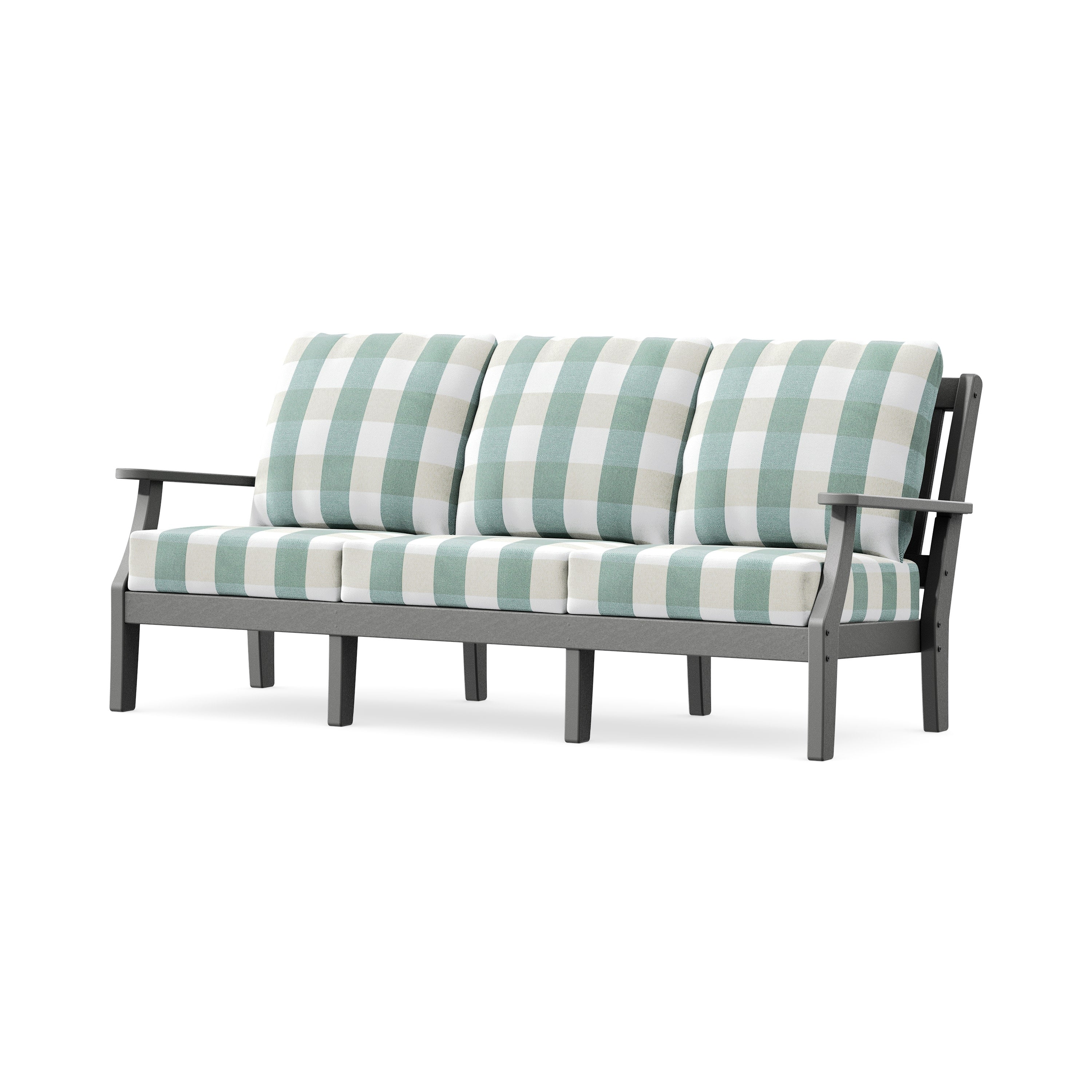Chinoiserie Deep Seating Sofa in Slate Grey / Buffalo Plaid Glacier Spa