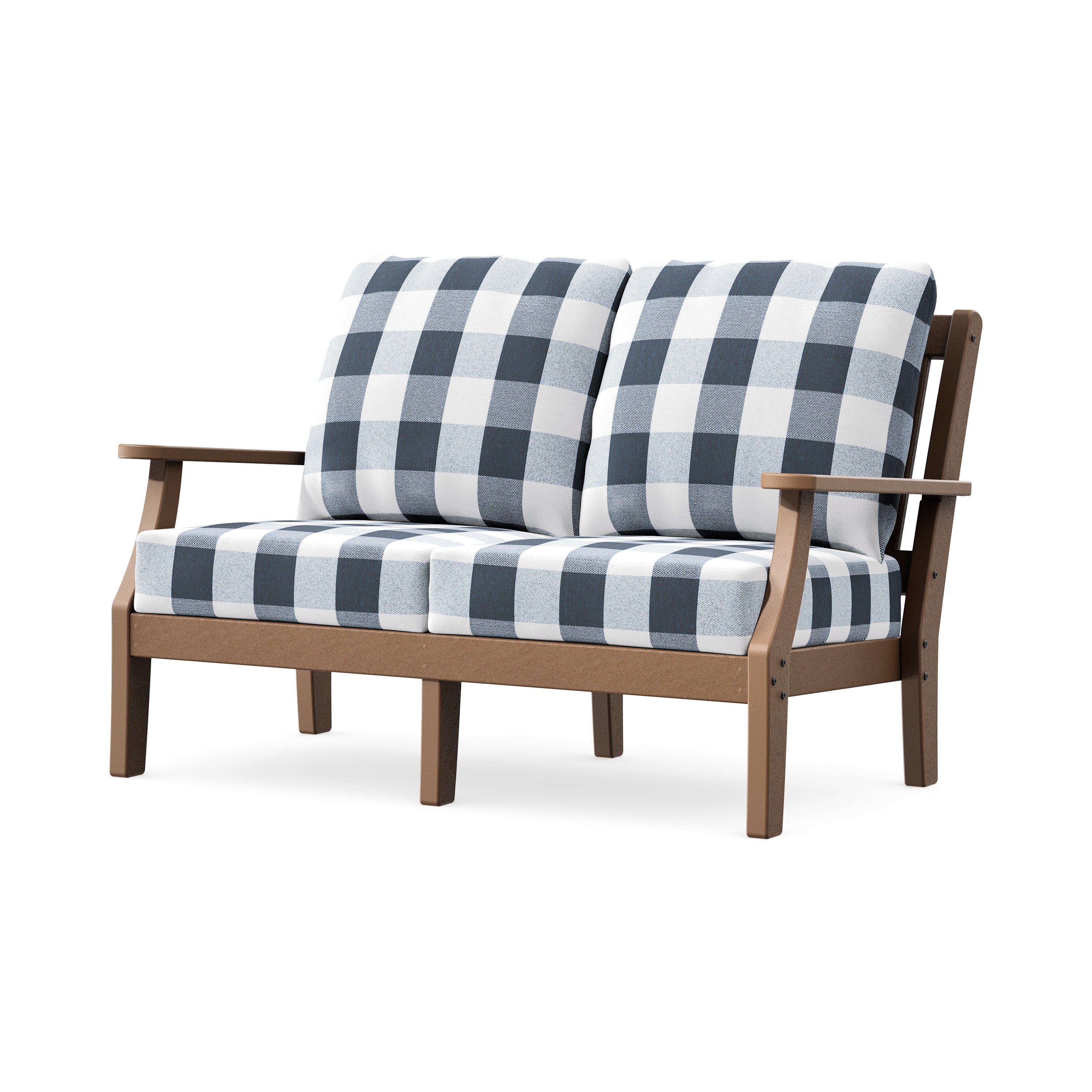 Chinoiserie Deep Seating Loveseat in Teak / Buffalo Plaid Marine Indigo
