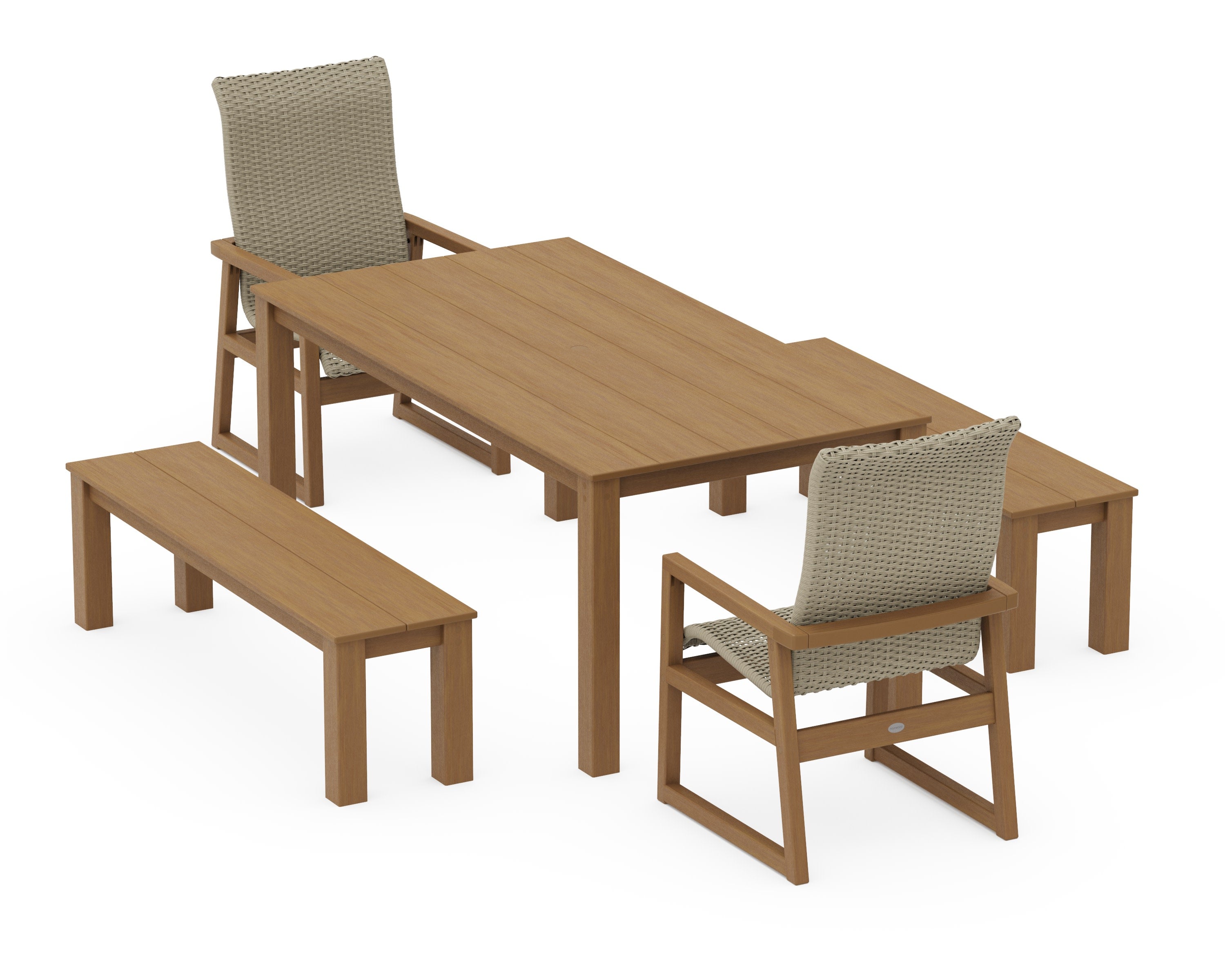 EDGE Woven Highback 5-Piece Parsons Dining Set with Benches in Natural / Dune Grass