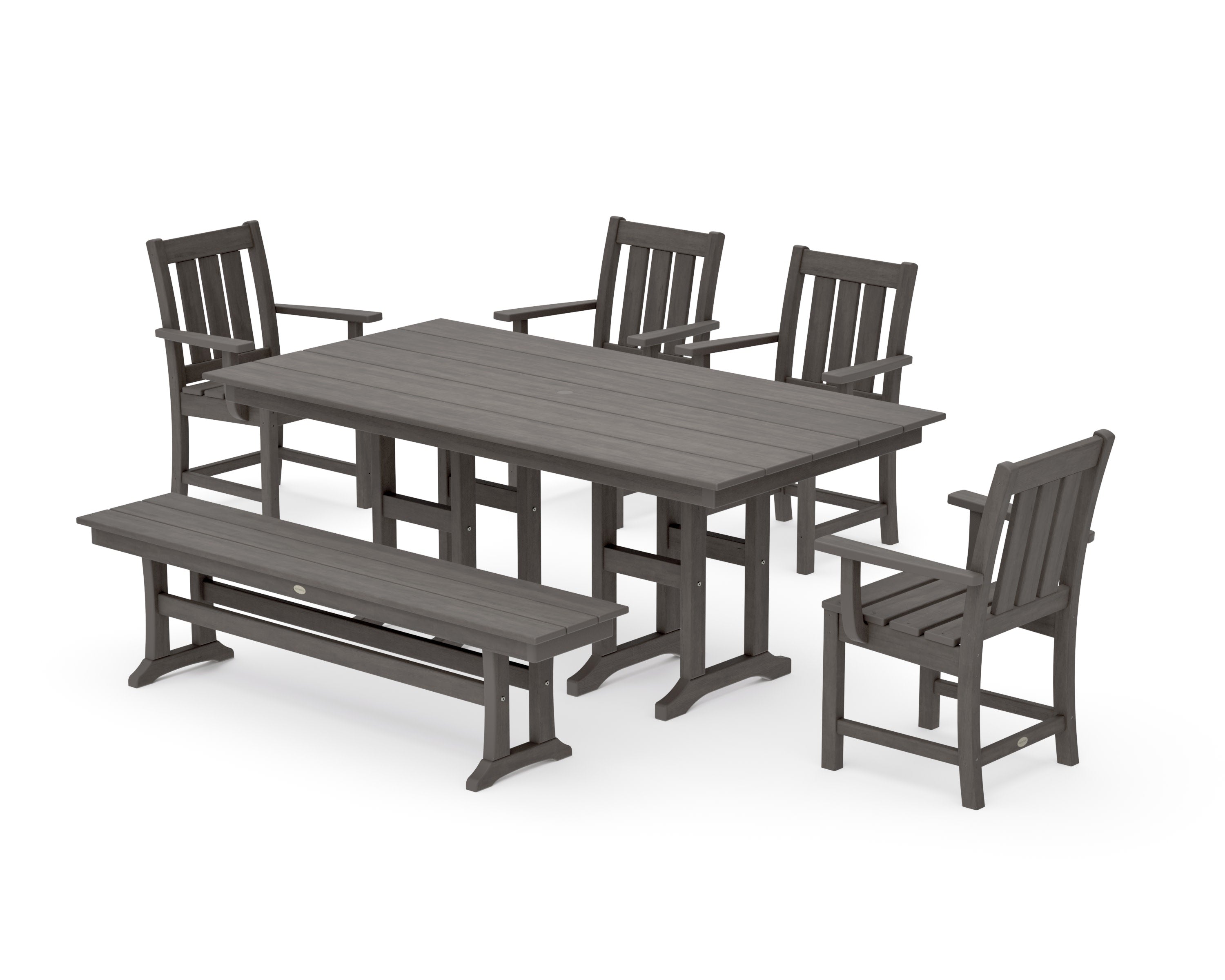 Oxford 6-Piece Farmhouse Dining Set with Bench in Driftwood