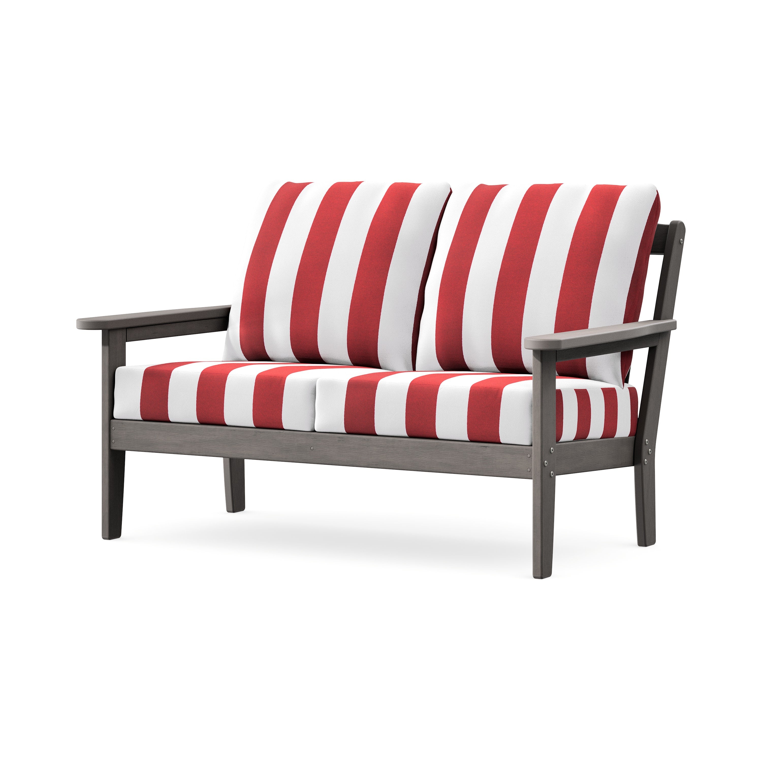 Cottage Deep Seating Loveseat in Driftwood / Cabana Stripe Crimson