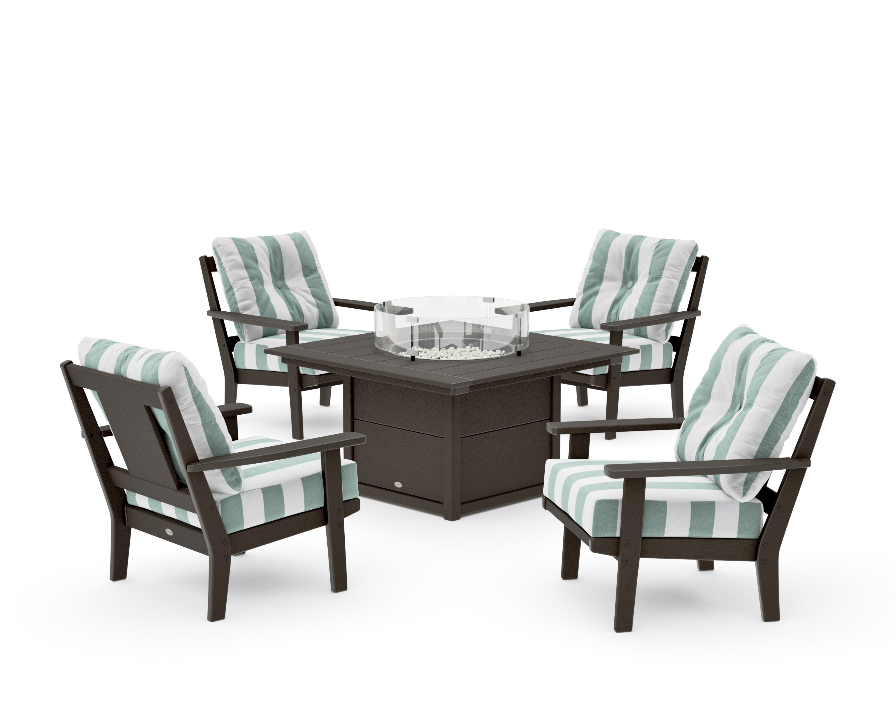 Prairie 5-Piece Deep Seating Set with Fire Pit Table in Vintage Coffee / Cabana Stripe Glacier Spa