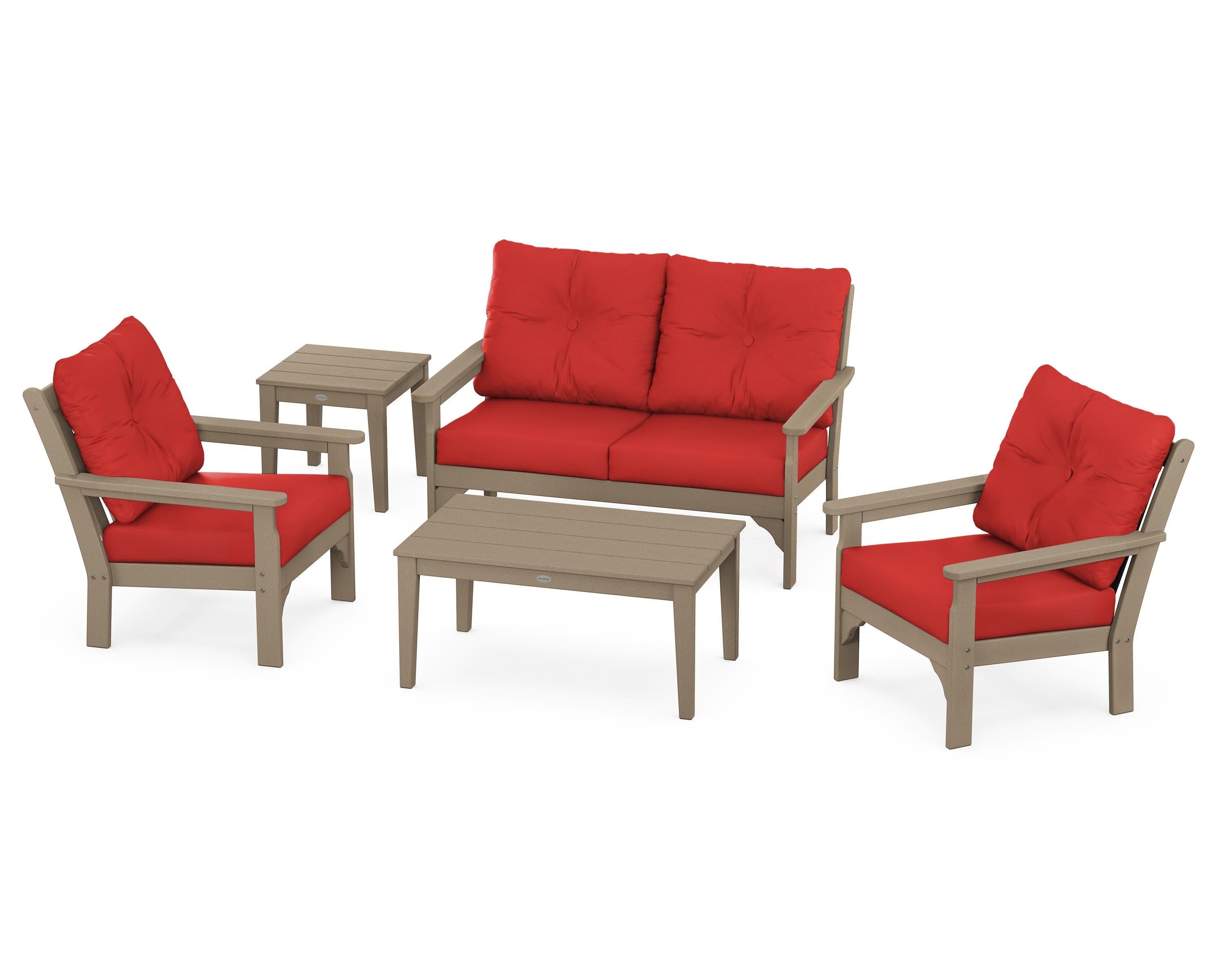 Vineyard 5-Piece Deep Seating Set in Vintage Sahara / Crimson Linen