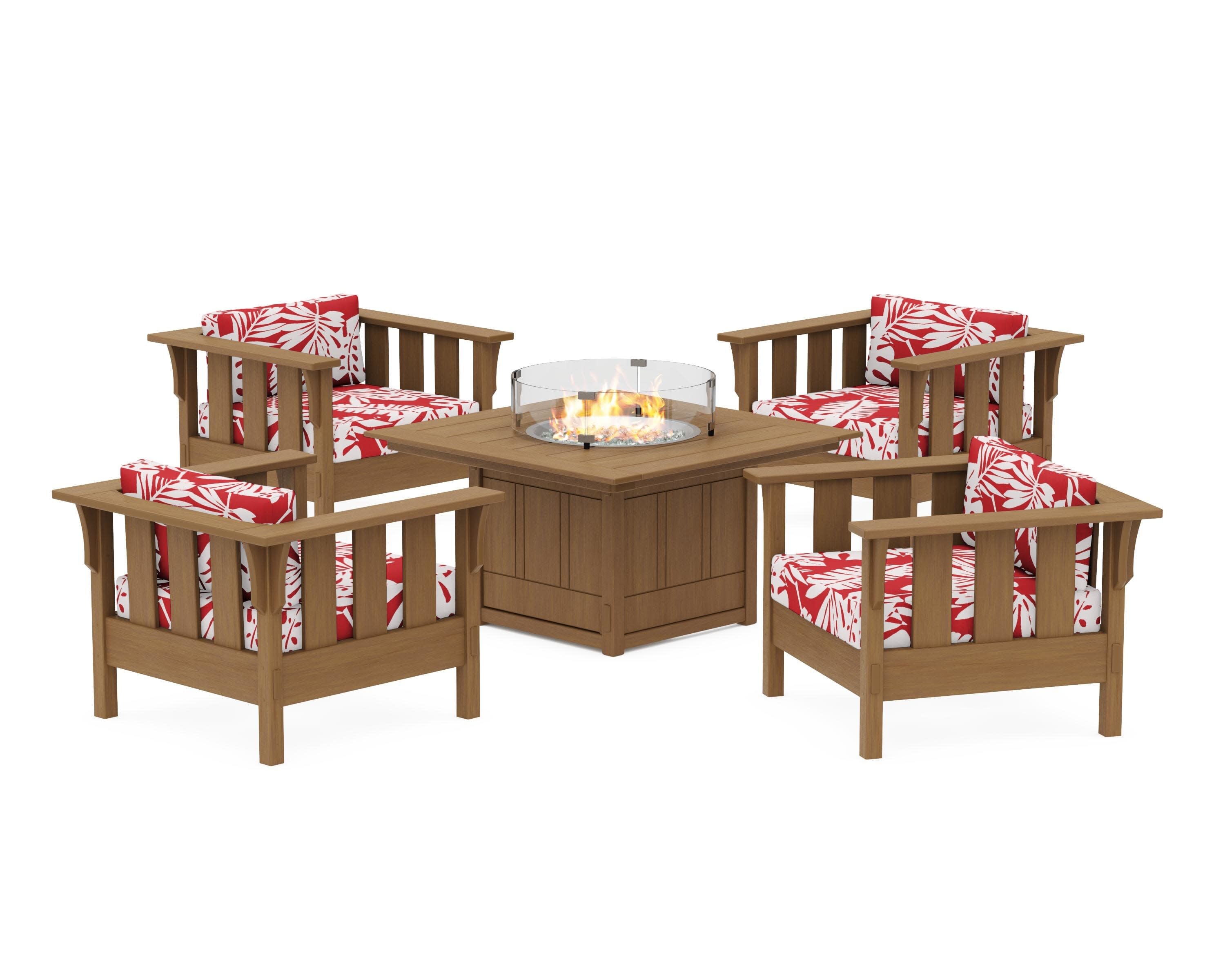 Acadia 5-Piece Deep Seating Set with Fire Pit Table in Natural / Leaf Crimson