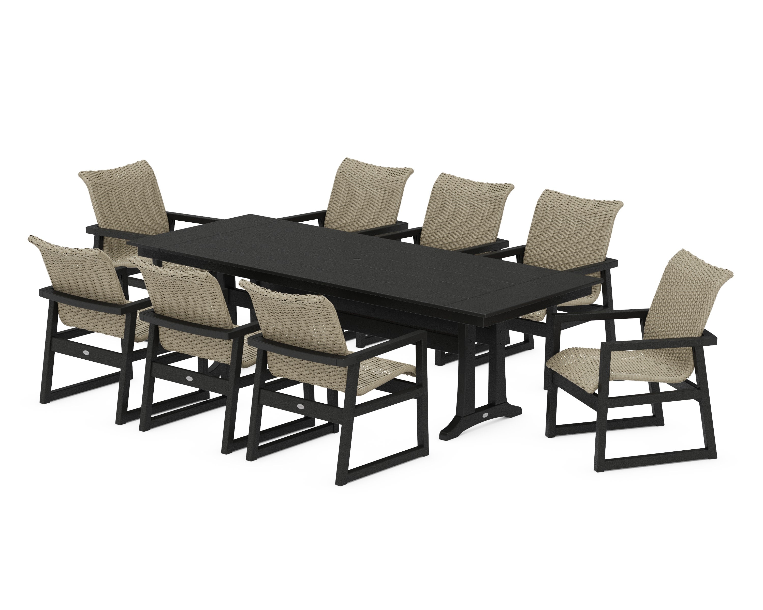 EDGE Woven 9-Piece Farmhouse Dining Set with Trestle Legs in Black / Dune Grass