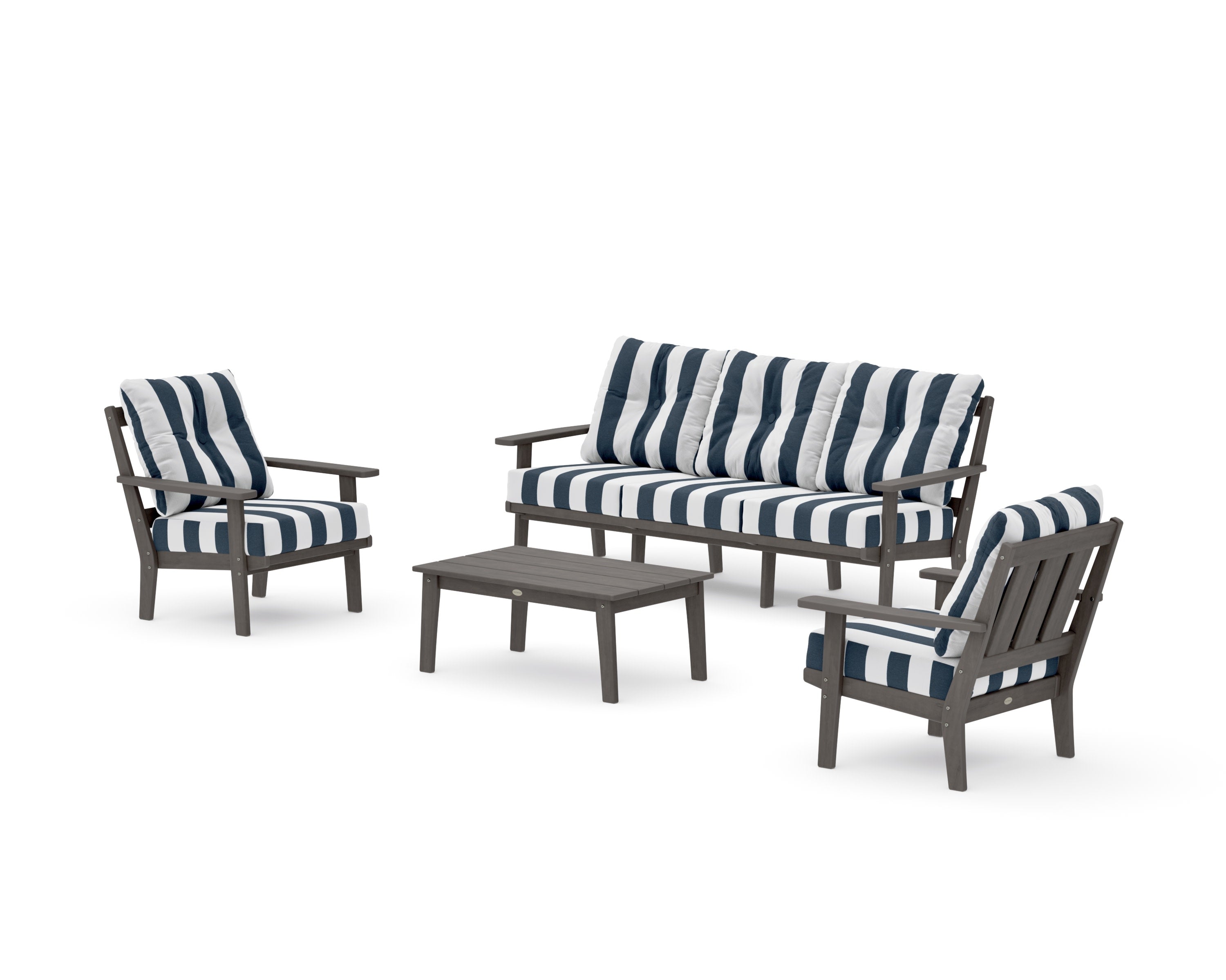 Oxford 4-Piece Deep Seating Set with Sofa in Driftwood / Cabana Stripe Marine Indigo