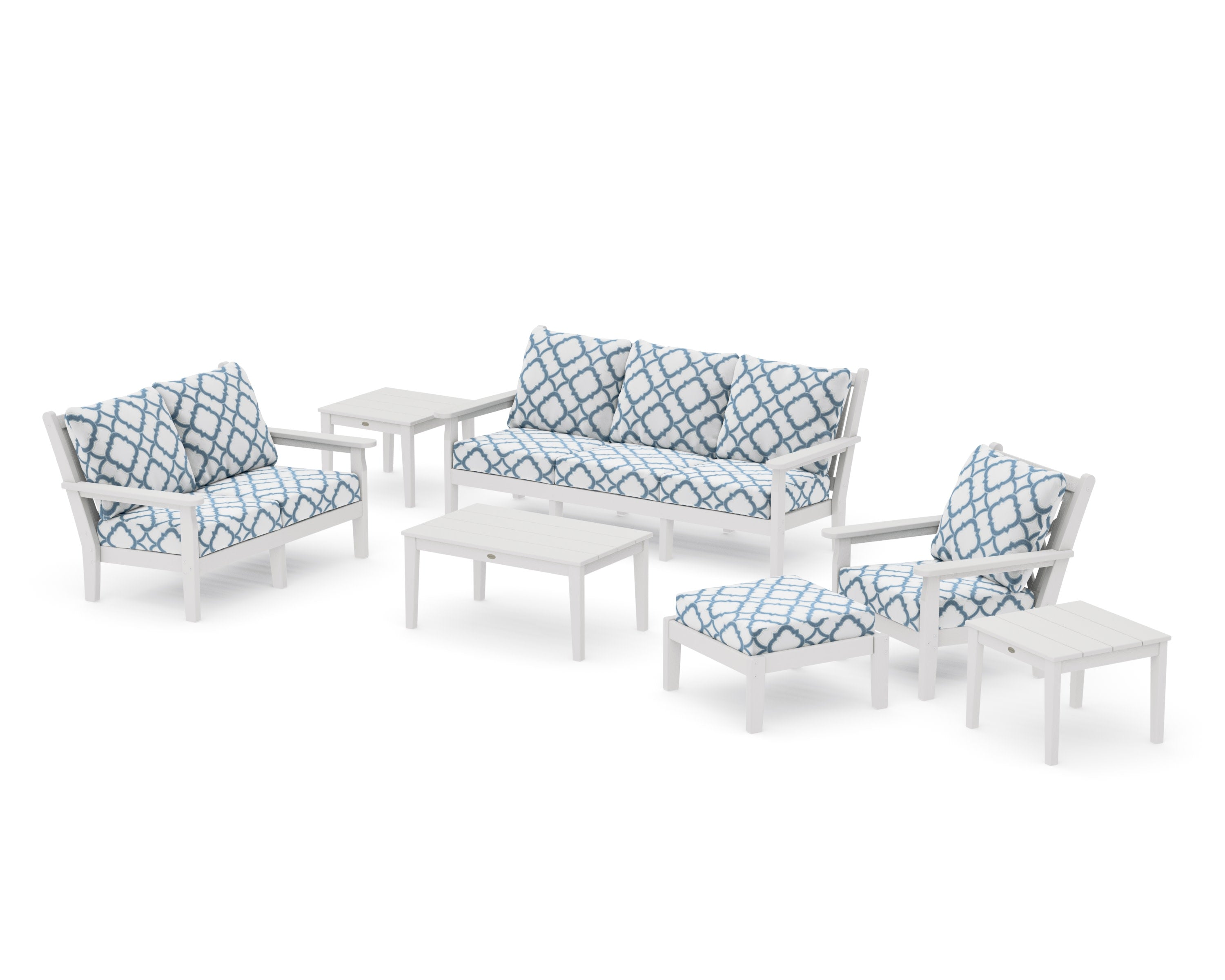 Chippendale 7-Piece Deep Seating Set in Vintage White / Trellis Sky Blue