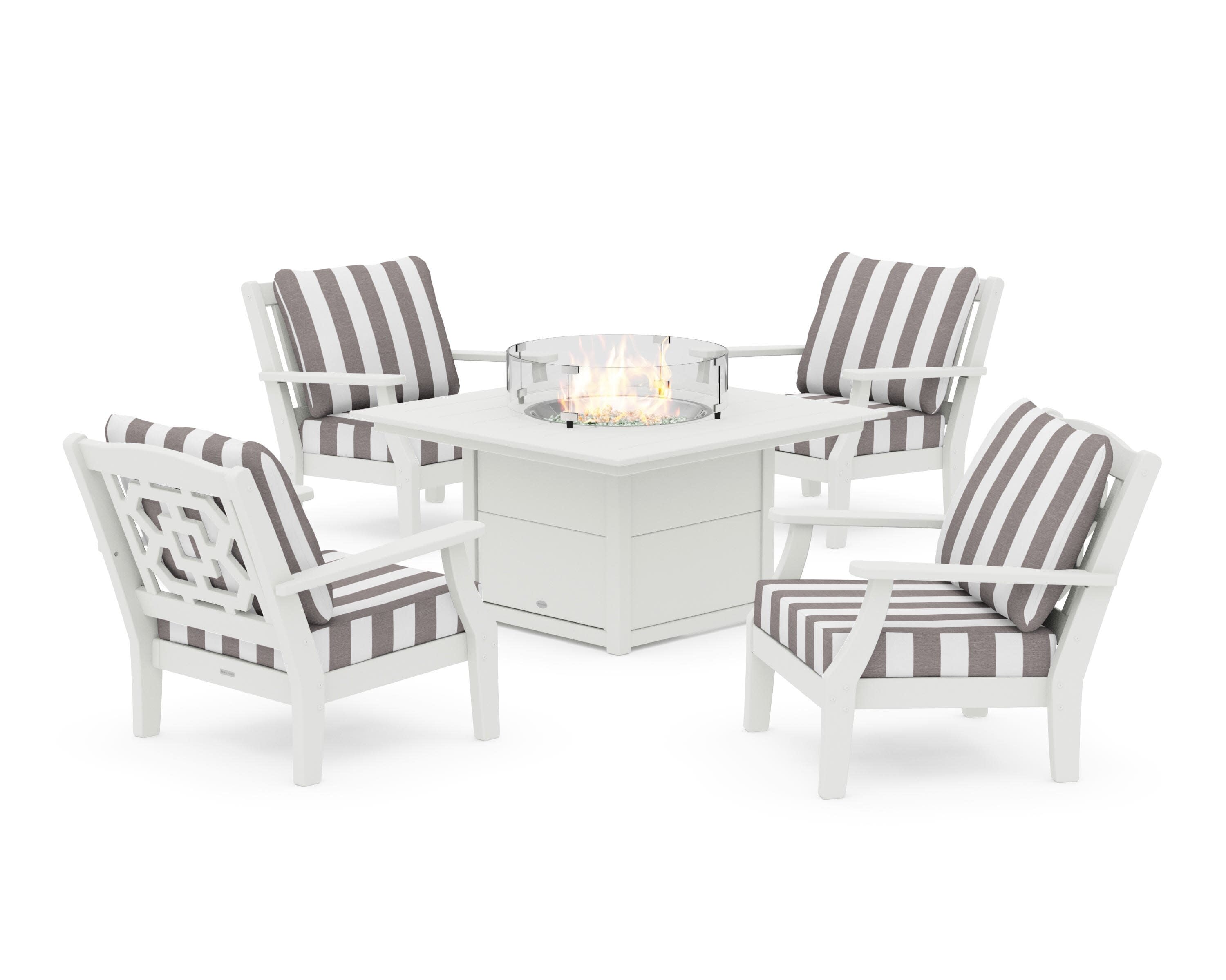 Chinoiserie 5-Piece Deep Seating Set with Fire Pit Table in Vintage White / Cabana Stripe Grey Mist