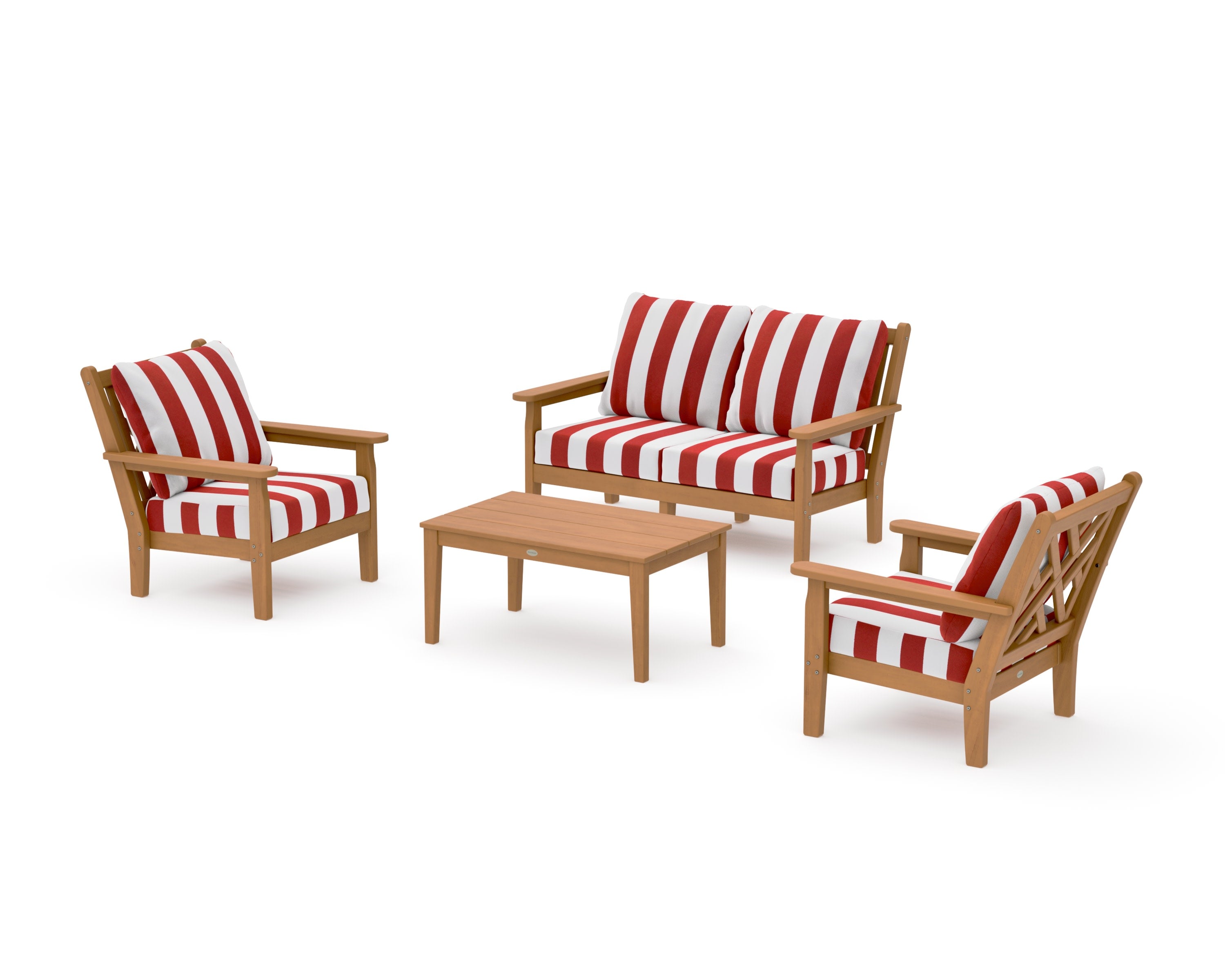 Chippendale 4-Piece Deep Seating Set with Loveseat in Natural / Cabana Stripe Crimson
