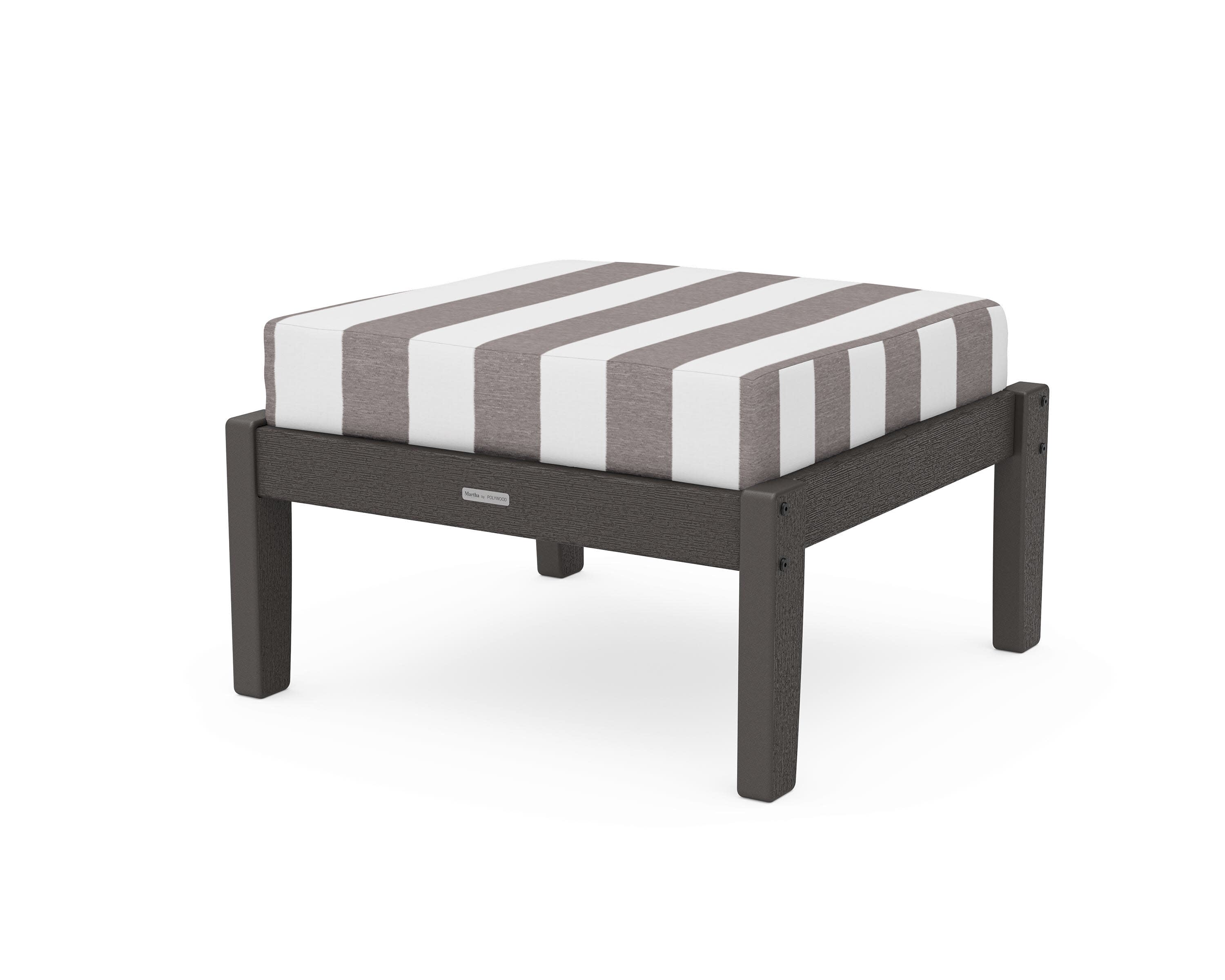 Chinoiserie Deep Seating Ottoman in Vintage Coffee / Cabana Stripe Grey Mist